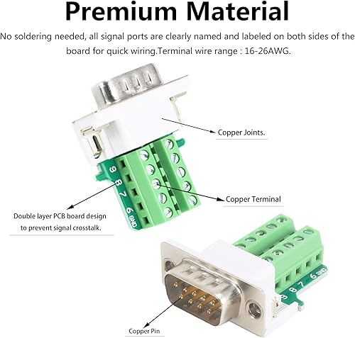 Miniatura 3 de BIFALE DB9 Conector de ruptura (macho+hembra), DB9 Conector sin soldadura RS232 D-SUB Adaptadores serie 0.630 in más delgado 9 Pin Port Terminal