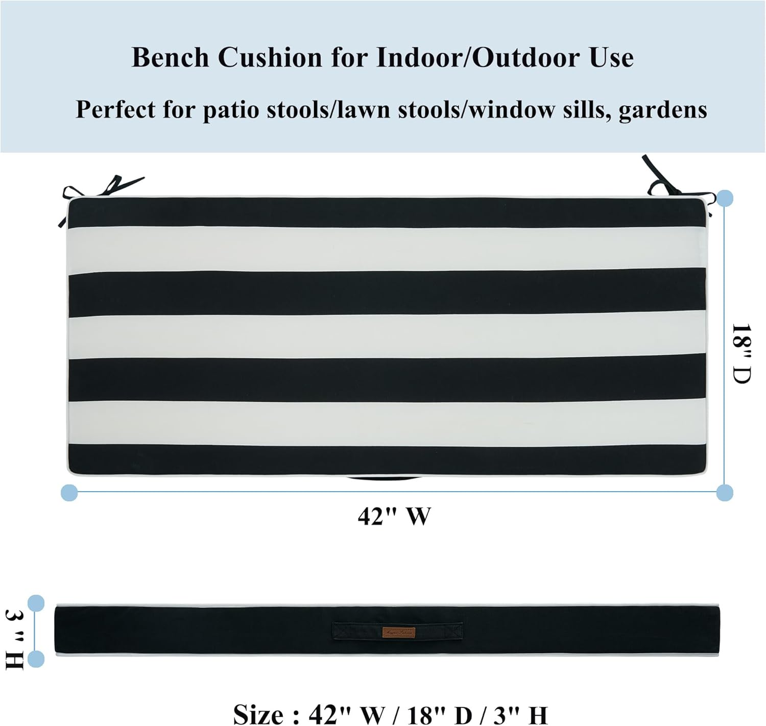 FUNHOME Outdoor Bench Cushion 42 x 18 Inch,Water-Repellent Patio Furniture Swing Cushion,Patio Loveseat Cushion with Handle and Straps, Garden Sofa Settee Couch Swing Pads 1 Pack, Black White Stripe