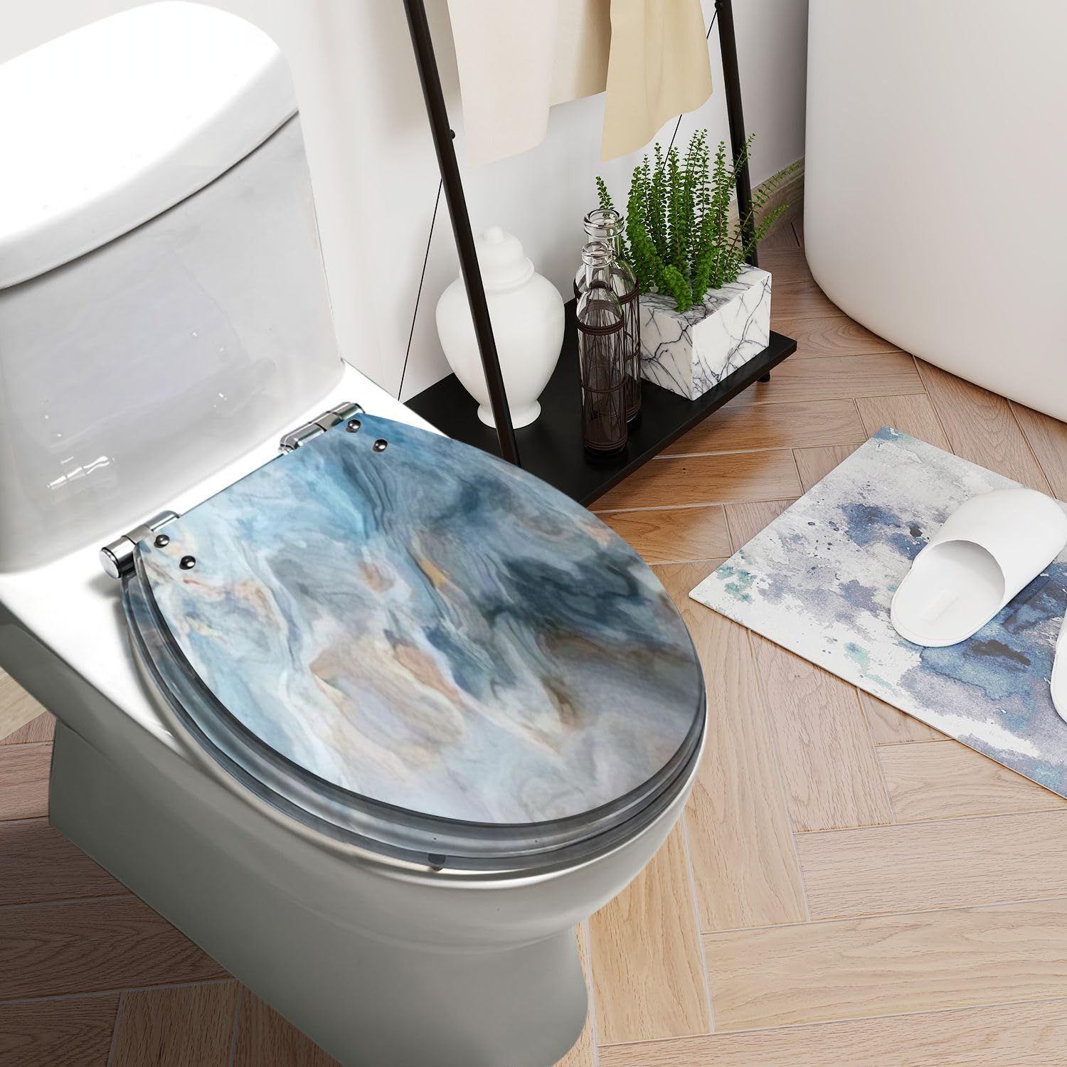 Round Toilet Seat Blue marble pattern grey gold inclusions Abstract texture 2D Resin Toilet Seat Slow Quiet Close with Quick-Release Hinges Toilet Seat with Cover Easy to Clean Install