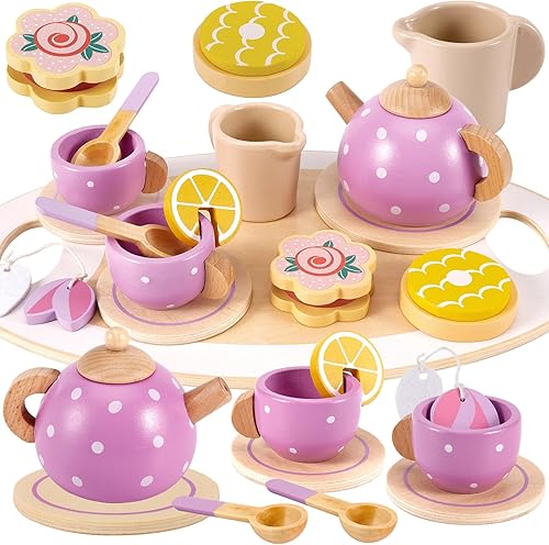 BUYGER Juego de fiesta de té de madera para niñas pequeñas de 3 a 5 años con tetera, juego de taza de té, juguete de comida de madera, accesorios de