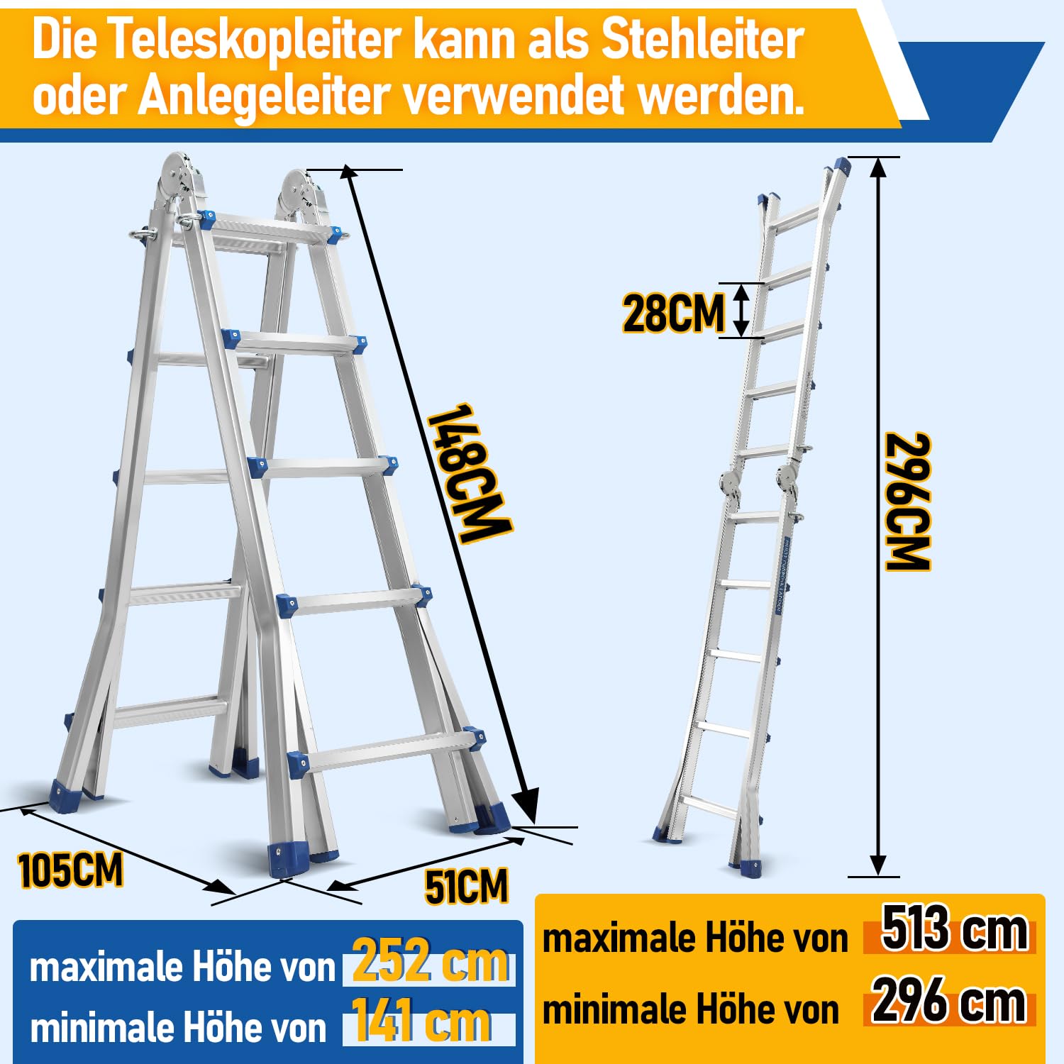 Ikodm Wielofunkcyjna drabina 513 cm, 4 x 5 szczebli, drabina teleskopowa 3 w 1, drabina aluminiowa, wielofunkcyjna, składana, przystawna, drabina przesuwna, obustronna