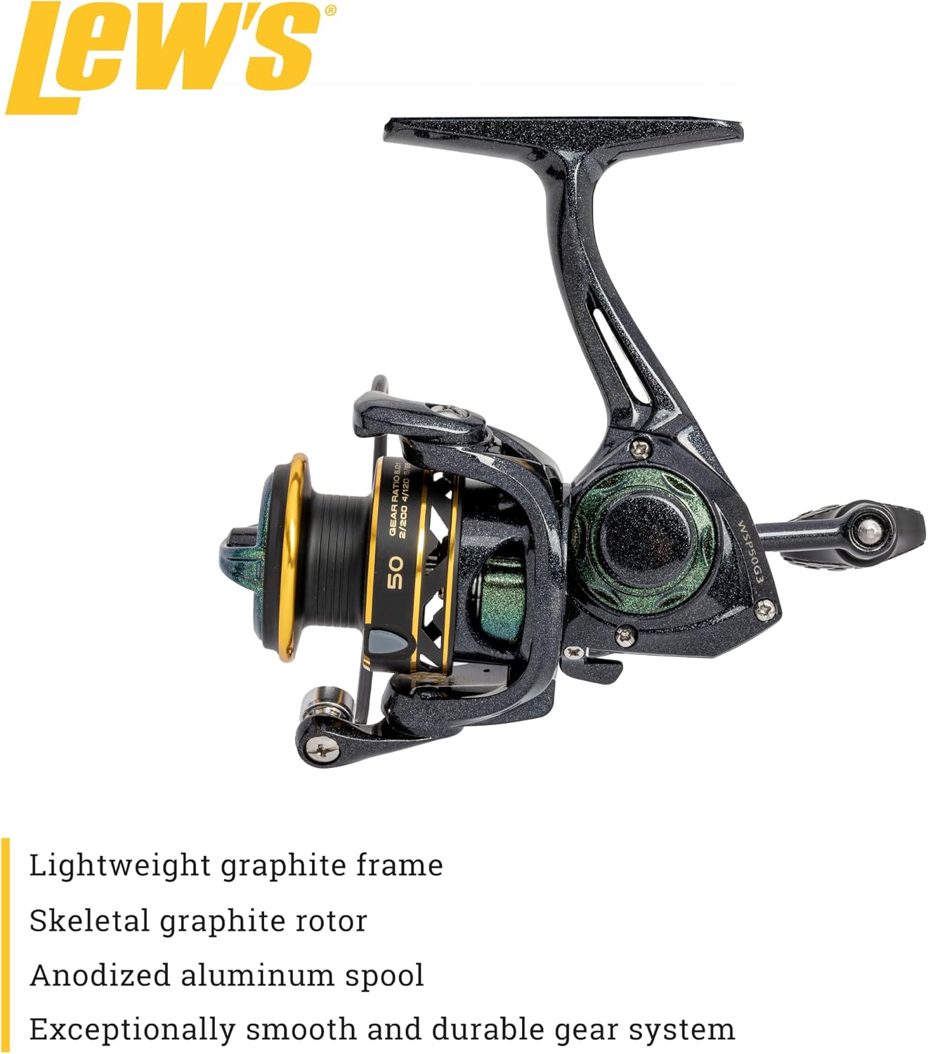 Lew’s Wally Marshall Signature Series Spinning Fishing Reel, 5+1 Bearings, Graphite Frame and Rotor, Interchangeable Retrieve, Green/Gold