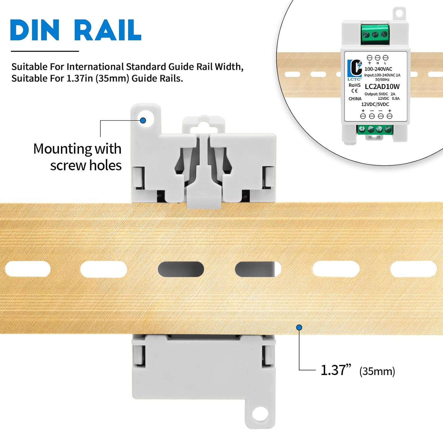 5V 12V Power Supply din Rail，2A 0.8A,Dual Output 10W,Input 100-240Vac,120VAC 115v to 5 Volt, LED, CCTV, Arduino, DIY Electronics 5vdc 12vdc