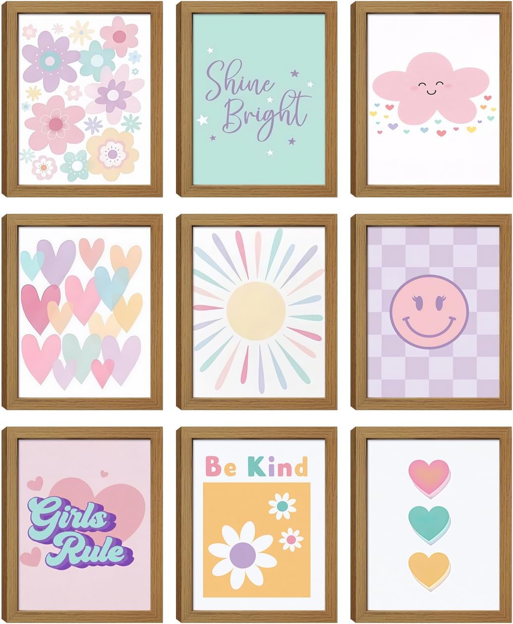 Scvyrk Girls Room Wall Art Set of 9, Pink Pastel Kids Canvas Posters 8x10in