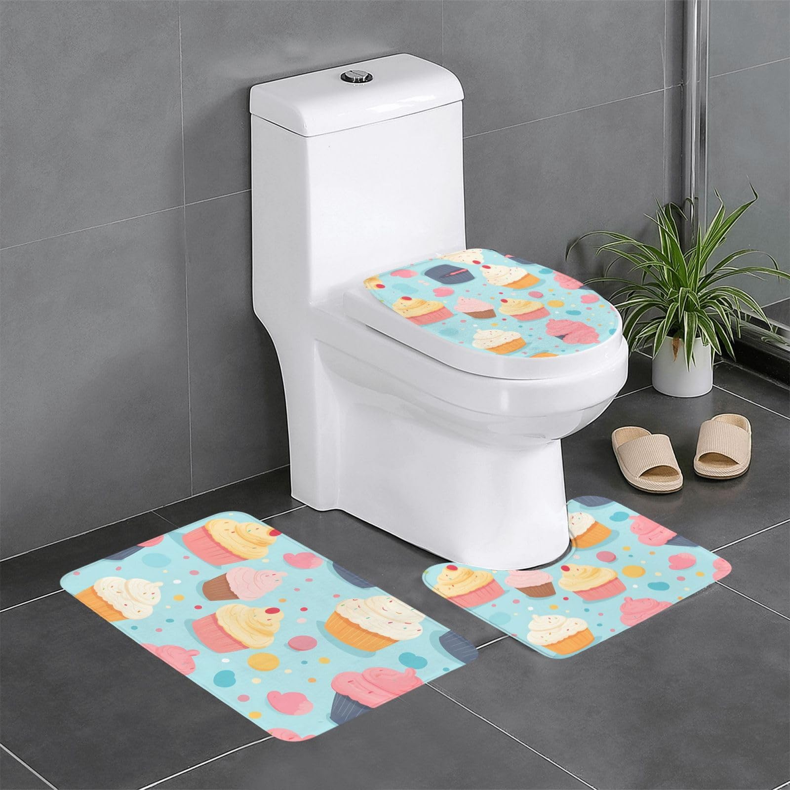 Tapis de bain cupcakes roses 3 pièces antidérapants et lavables pour votre confort