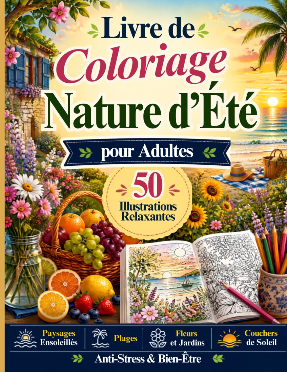 Livre de Coloriage Nature d'Été pour Adultes: 50 Illustrations Relaxantes de Paysages Ensoleillés, Plages, Fleurs, Jardins et Couchers de Soleil | Anti-Stress & Bien-Être