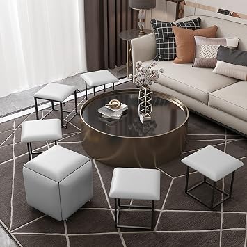 5 in 1 Nesting Ottoman Cube Chair, Stackable Stools, Leather Square Ottoman Bench, Foot Stool with Wheels for Bedroom Living Room,Dining Room, Ottoman Set of 5 Size Beige B