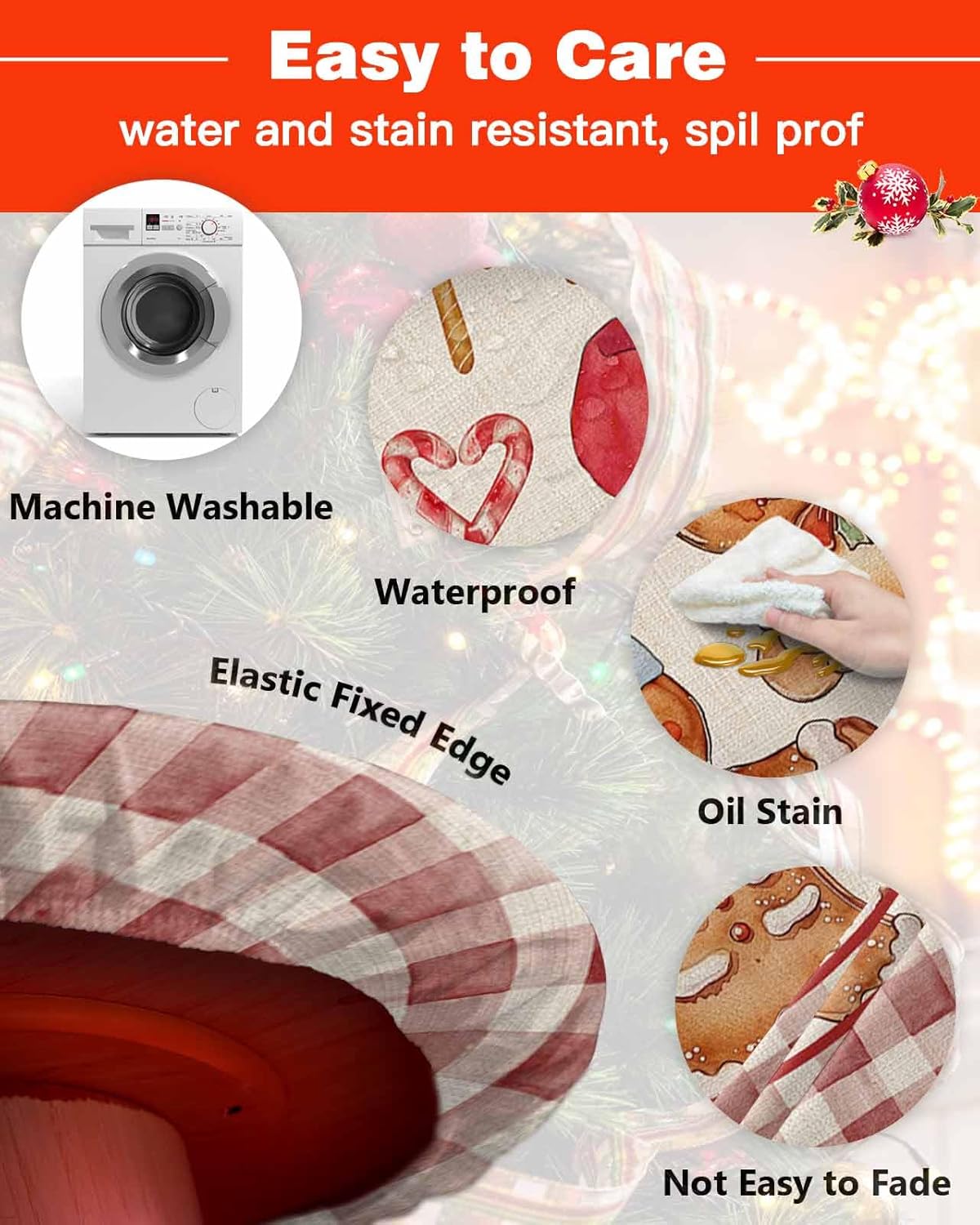 Christmas Round Fitted Table Cover, Waterproof Red White Plaid Gingerbread Man Xmas Elastic Edged Tablecloth, Wipeable Oil Proof Winter Holiday Table Cloth for Kitchen Indoor Outdoor, Fit to 45" - 54"