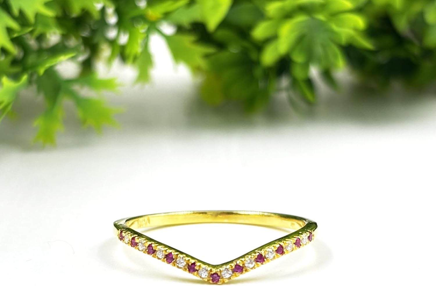 Alternate Ruby & White Diamond Chevron V Shape Wedding Band For Women, 14k Gold Finish Ruby Matching Contour V Shape Anniversary Ring