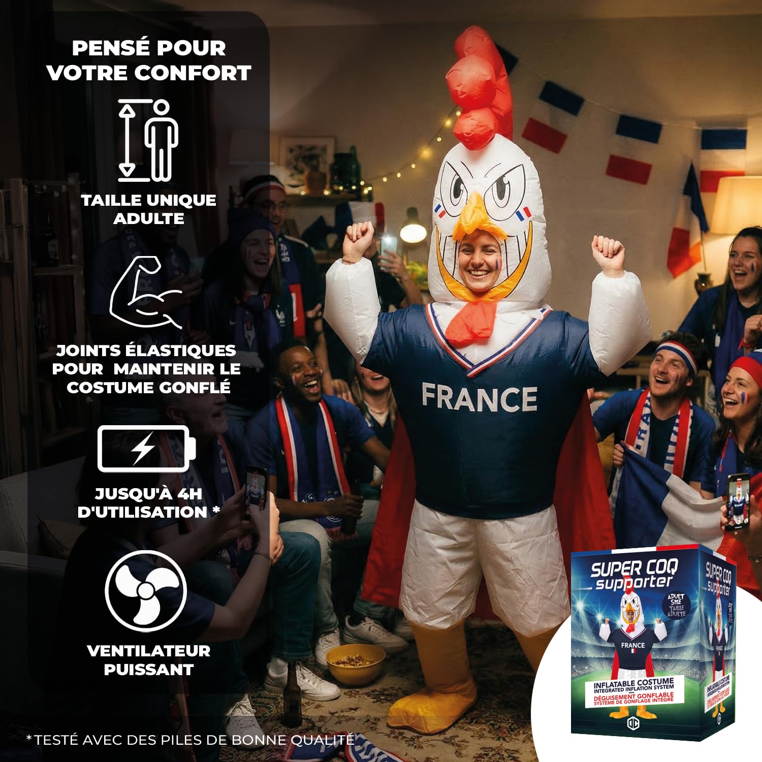 AirSuit® Déguisement Gonflable Supporter Coq Français | Costume Insolite taille Adulte | En Polyester très Résistant - Agréable à Porter | Système de Gonflage Inclus | OriginalCup®