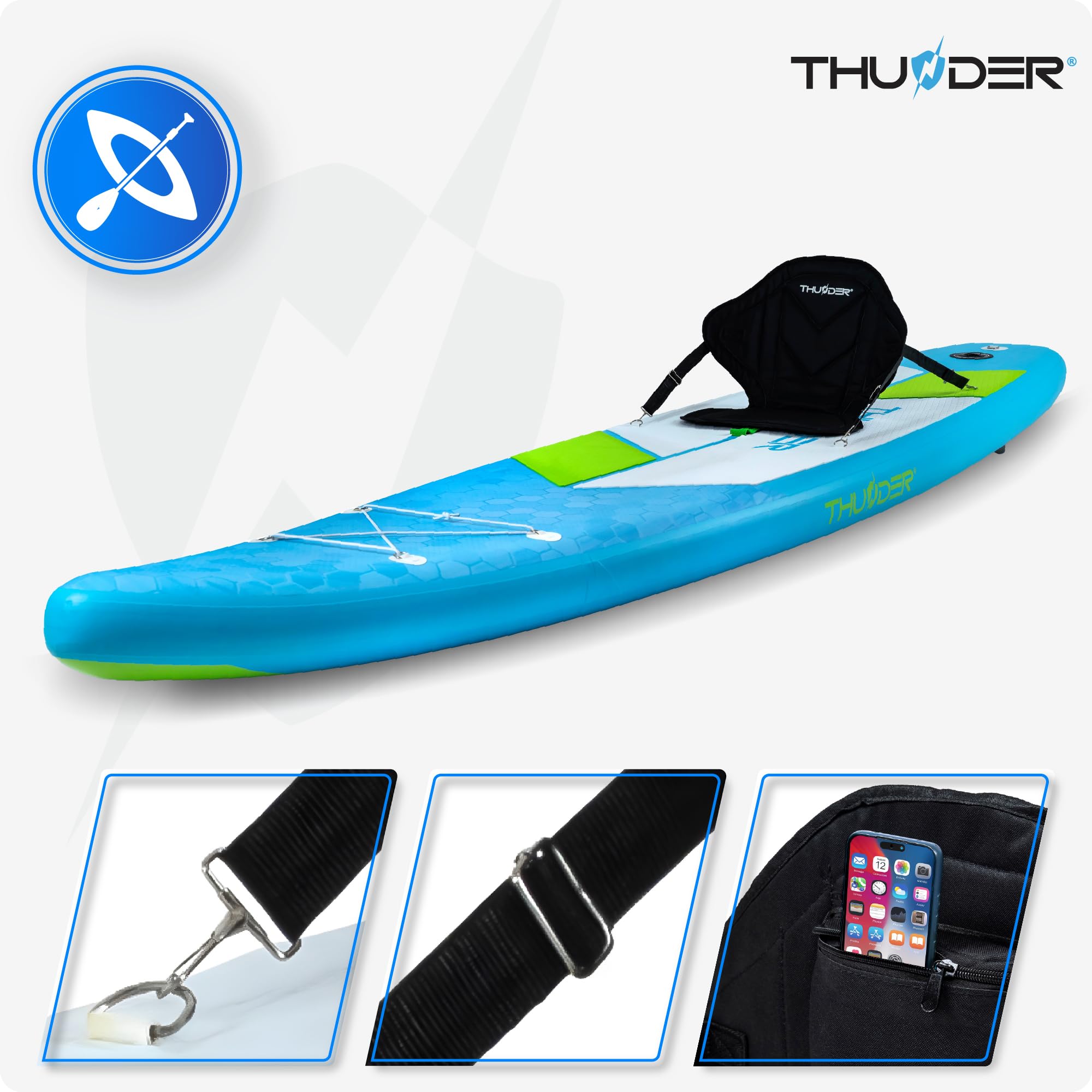 THUNDER - Tabla Sup inflable de 380 cm con asiento kayak – Stand Up Paddle Board Set con bomba, remo y mochila – Sup Touring para adultos y principiantes hasta 150 kg