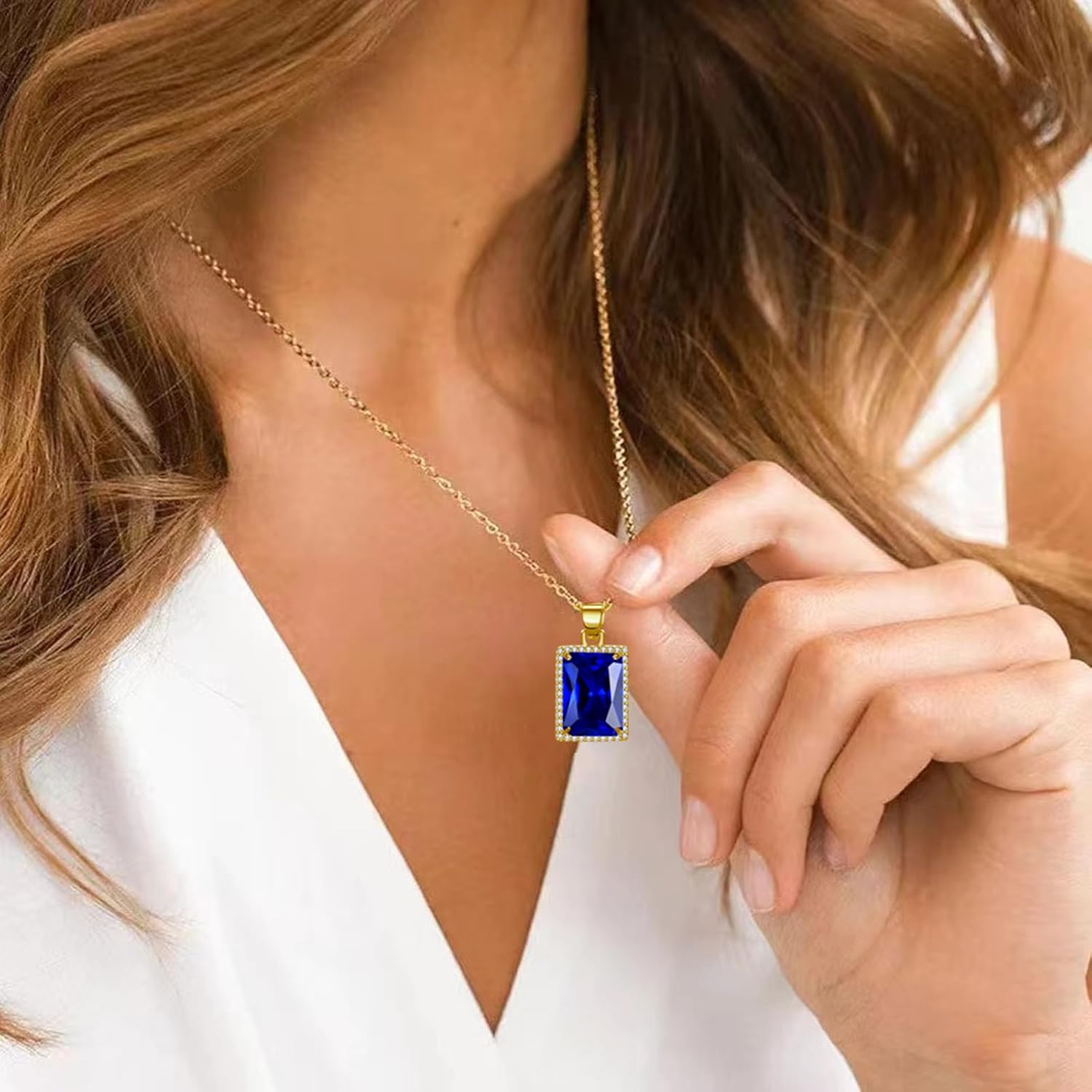 VONSSY Rectangle Gemstone Pendant Necklace | Ruby Crystal & Created-Emerald Birthstone Necklace | 18K Platinum Gold Plated Chain | Meaningful Jewelry Gift for Mother Daughter Girlfriend - Image 7