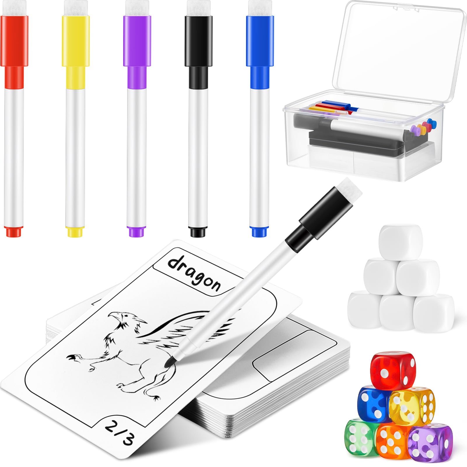 Jetec 70 Pcs Reusable Cards Multifunctional Tokens Dry Erase Cards Kit Index, 50 White Erasable Plastic Counters Gaming Tokens Discs and Game Accessories Plastic Box for Game Playing