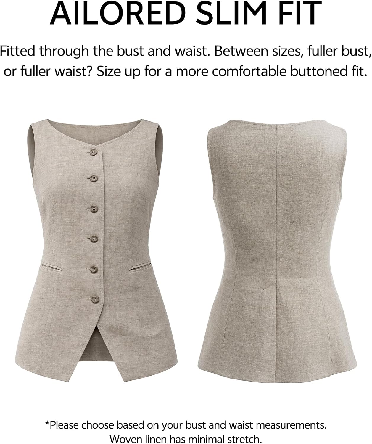 Women's 100% Linen Suit Vest Sleeveless Tailored Blazer Waistcoat