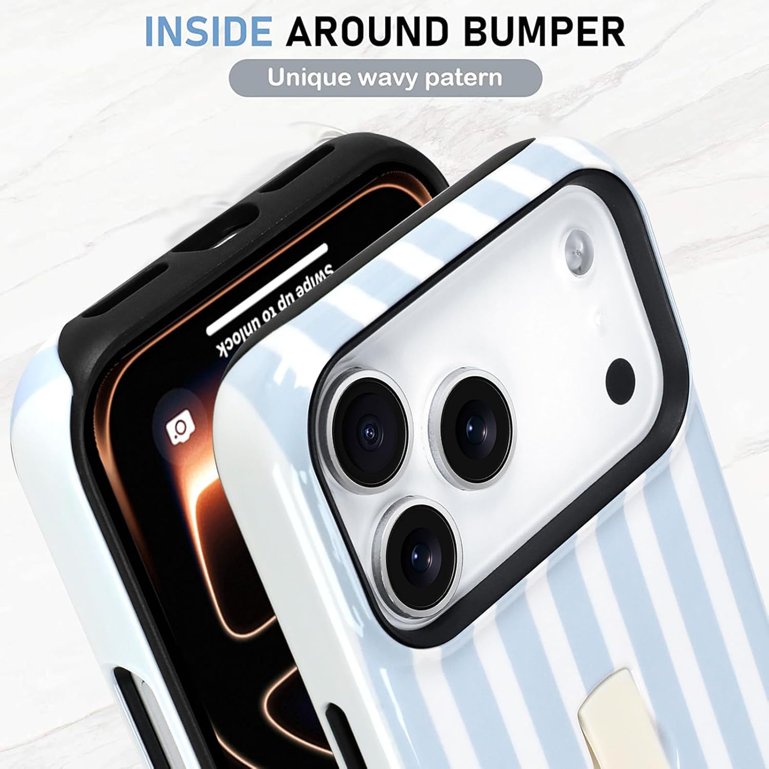 KANGHAR Compatible with iPhone 17 Pro Case, Silicone Stripes Cute Pattern, Finger Hold Wristband Kickstand Camera Protection Soft Slim Phone Case for Girls Women -Blue