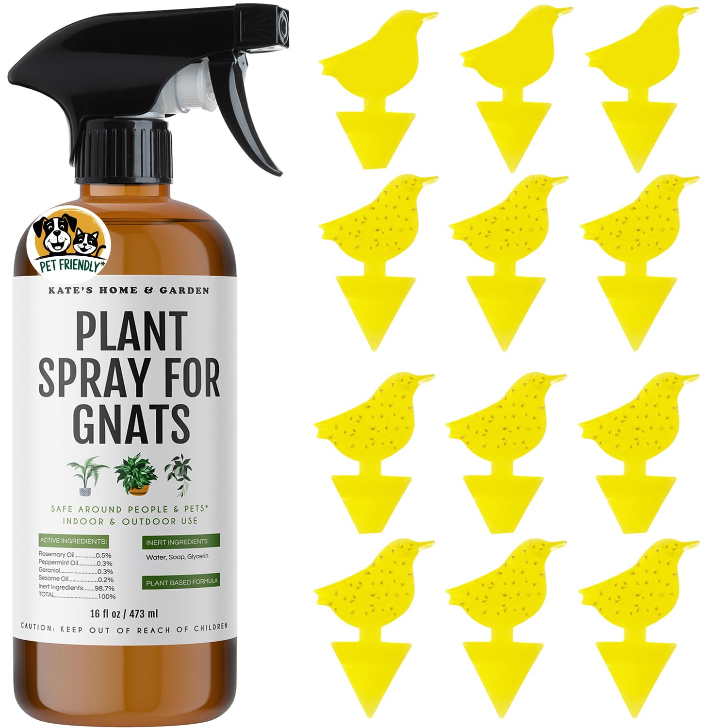 Kates Home Garden Plant Spray for Insects Getting Rid of Gnats with 12 Sticky Traps Fungus Gnat Killer