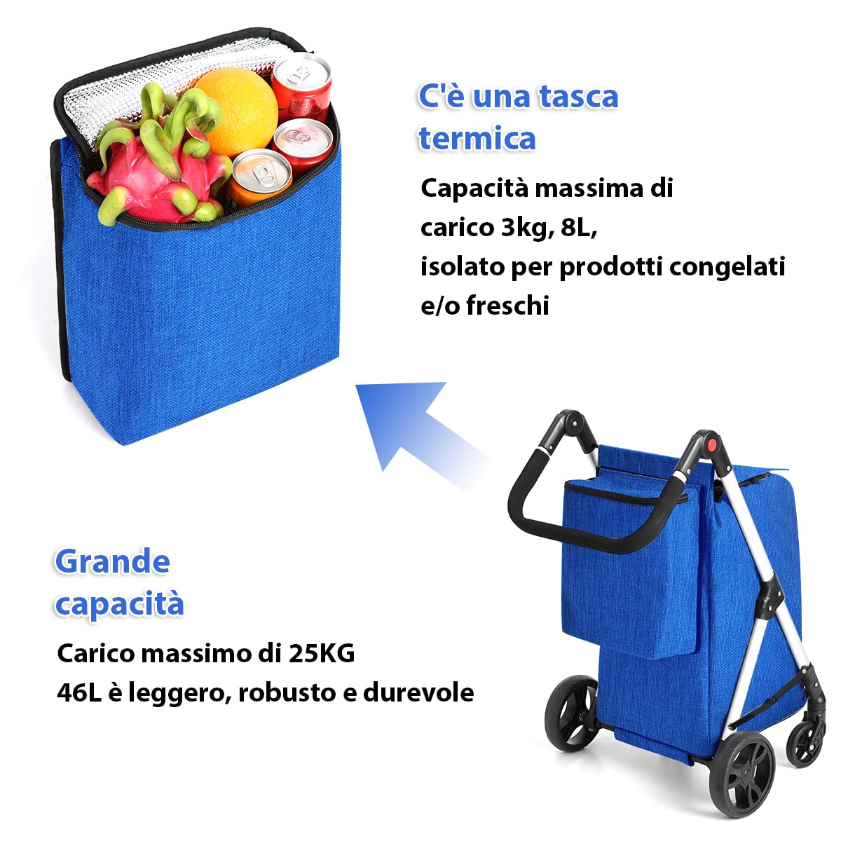 Carrello della Spesa, 8L e Tasca Posteriore, con 4 Ruote, e una grande Capacità di 25 kg Carrello Portaspesa, 46L Trolley Spesa on Wheels (Azzurro)