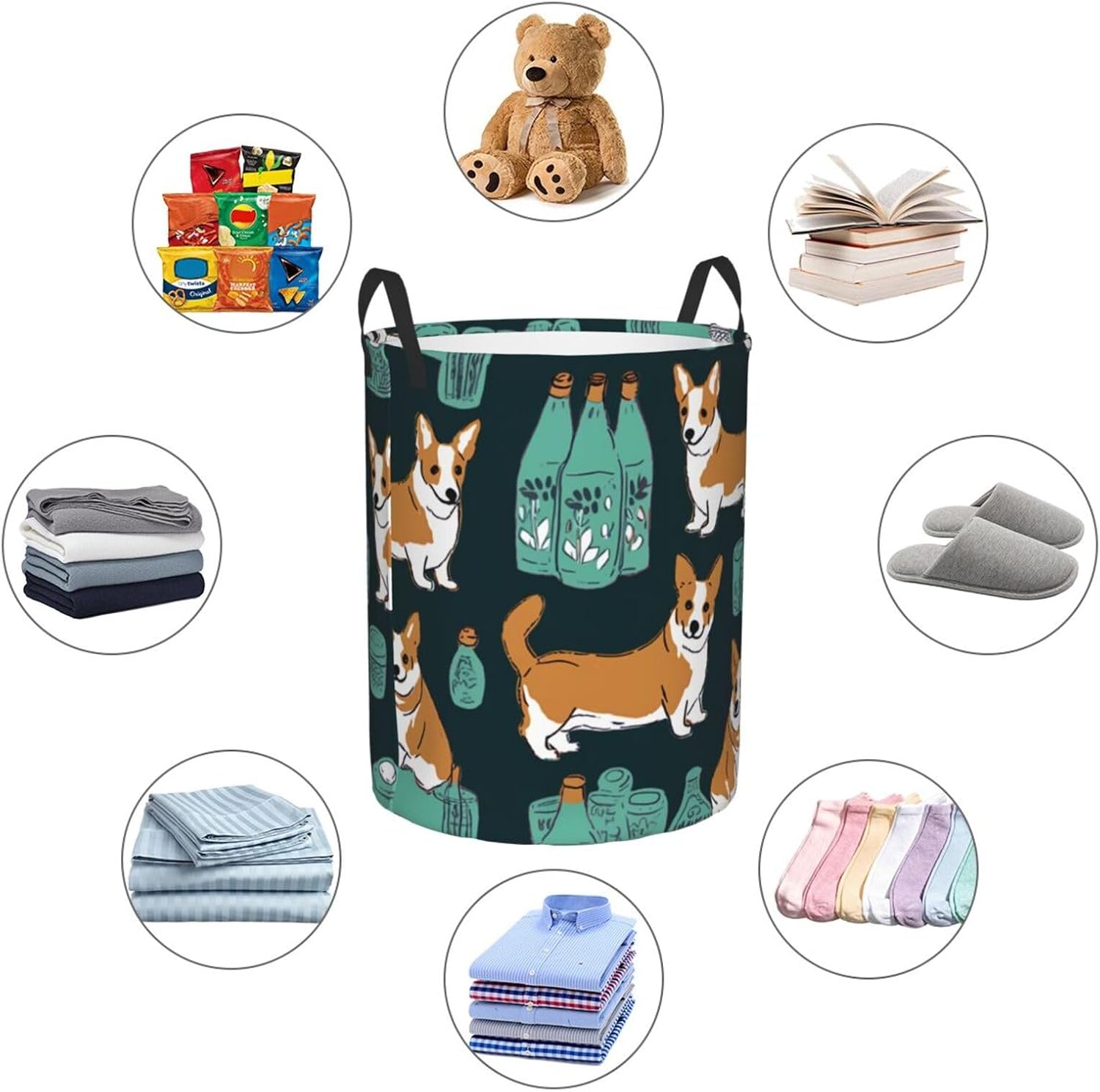 Cute Dogs print Circular Hamper Waterproof Storage Bin Organizer Basket Laundry Hamper With Handles For Clothes Toys Medium