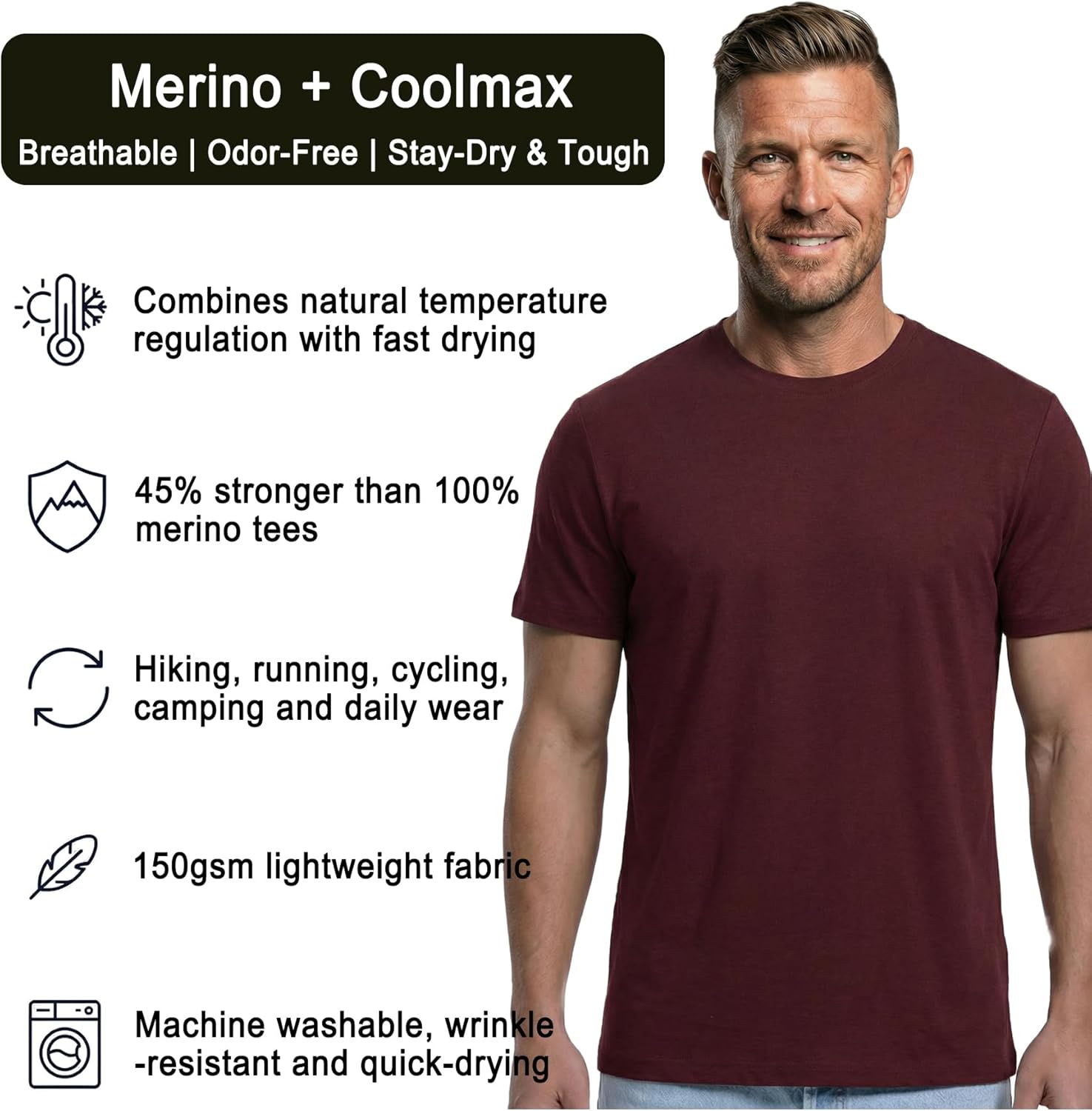 Merino Wool & Coolmax Hybrid-Tech Baselayer T-Shirt - Breathable, Quick-Dry, Odor-Resistant & Durable