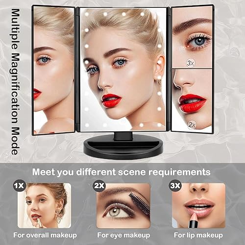 Miniatura 10 de Flymiro Tri-fold Lighted Vanity Makeup Mirror with 3x2x1x Magnification, 21Leds Light and Touch Screen,180 Degree Free Rotation Countertop Cosmetic