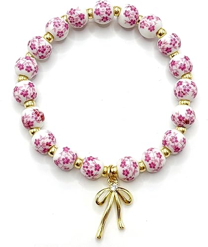 Pulsera de cuentas vintage para mujer, diseño de lazo floral elástico hecho a mano, delicado regalo de joyería para ella, pulseras románticas