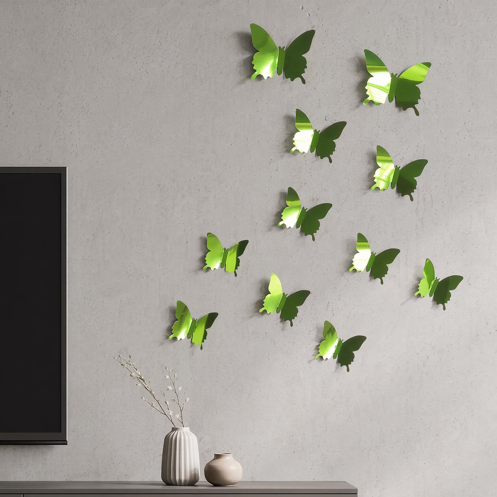 Quoravel 12Pcs Butterfly Wall Decals, DIY 3D Mirror Butterfly Stickers, Removable Wall Decals for Party Room Decor Green