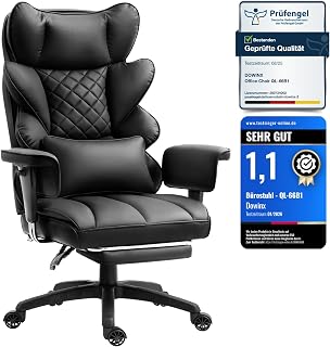 Dowinx Gaming Stuhl, Bürostuhl Ergonomisch mit Taschenfeder-Kissen, Chefsessel mit Doppellagiger Weicher Rückenlehne und Verstellbaren Armlehnen, Lendenkissen und Fußstütze, PU-Schwarz