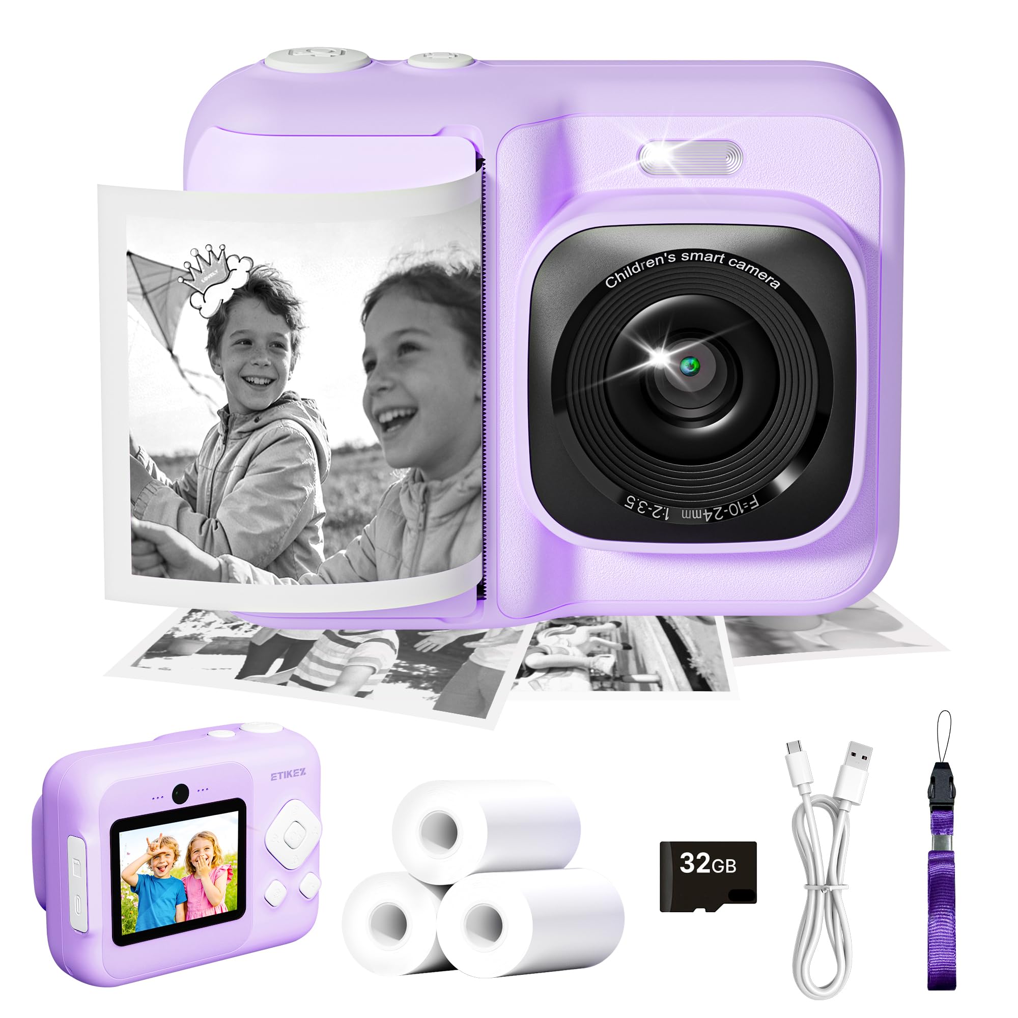 Kids Camera, HD Digital Instant Print Camera for Kids, Christmas Birthday Gifts for 4 5 6 7 8 9 10 Year Old Girls Boys, Portable Toy with 32GB SD Card & 3 Rolls Printing Paper, Purple