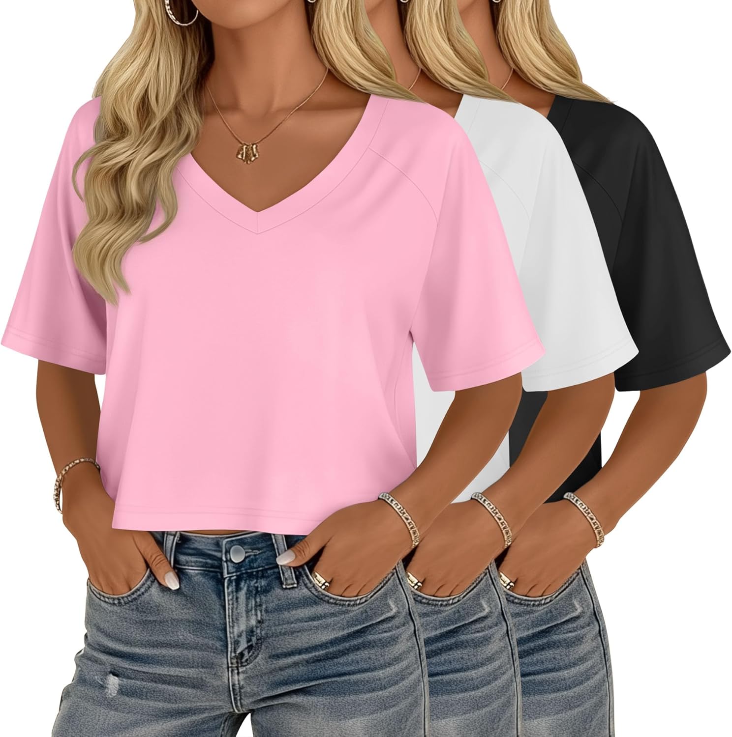 3 Pack Women's Cropped Tops V Neck Half Sleeve Crop T-Shirts Raglan Sleeve Loose Fit Casual Summer Basic Tees