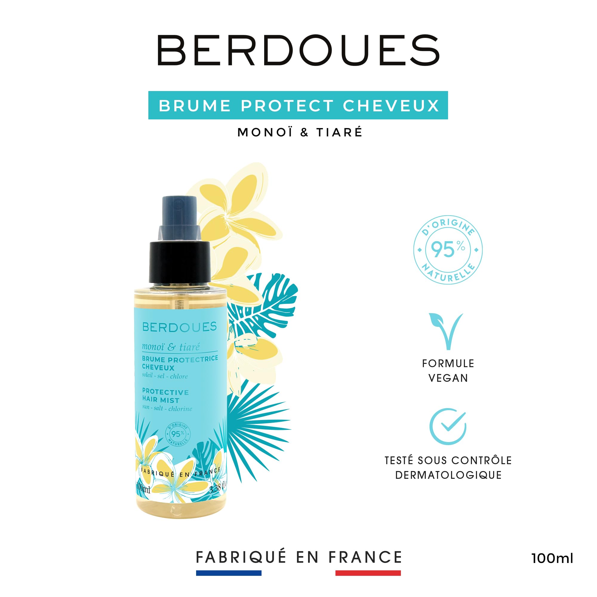 BERDOUES - Brume parfumée protectrice cheveux 100 ml + Gel douche 200 ml. Parfum Monoï Tiaré. Parfum femme, 95% d'origine naturelle. Vegan, Made in France.