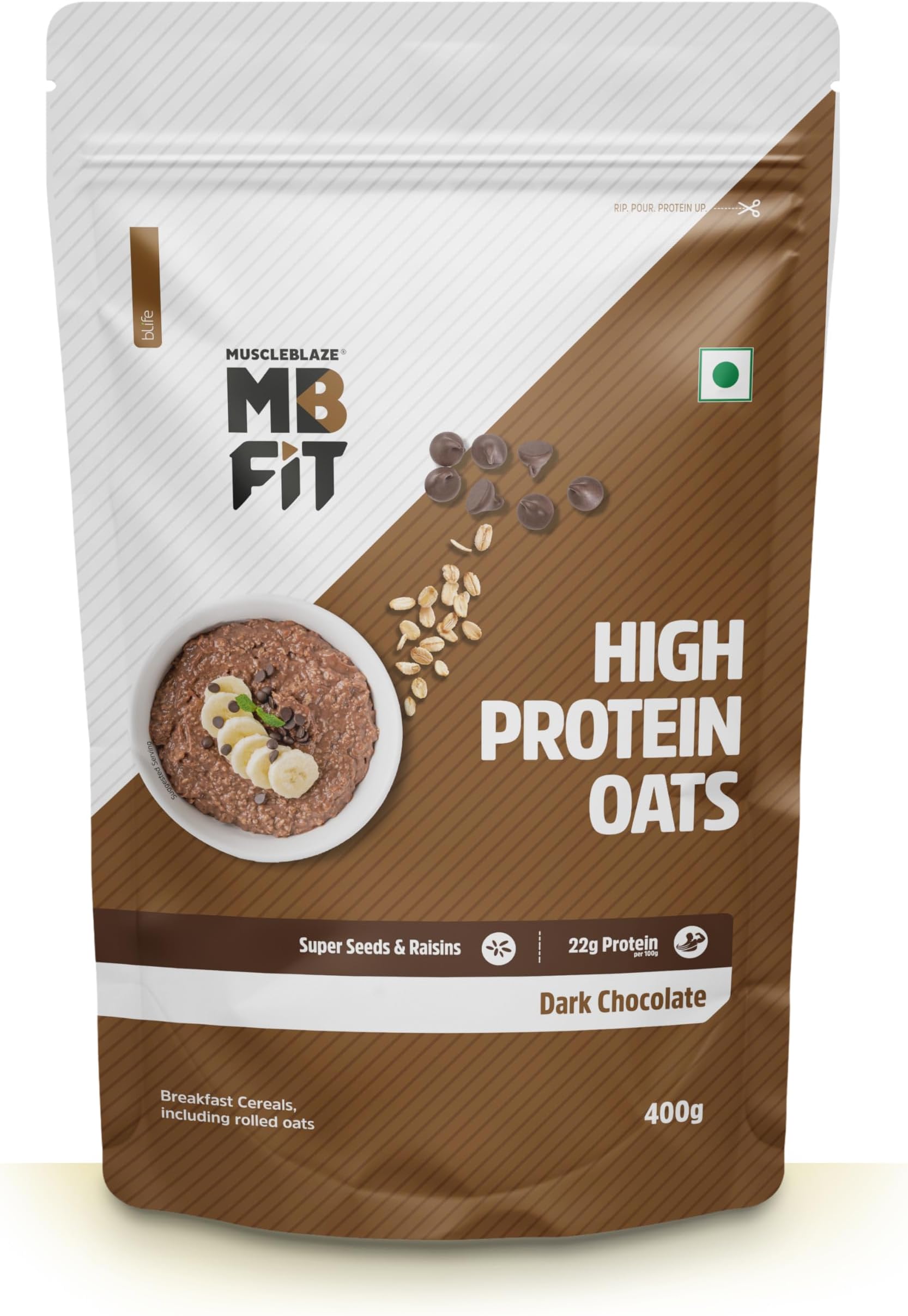 Fit High Protein Oats, 400 g, Dark Chocolate | 22 g Protein, Rolled Oats, Gluten Free Oats, Breakfast Cereals for Weight Management
