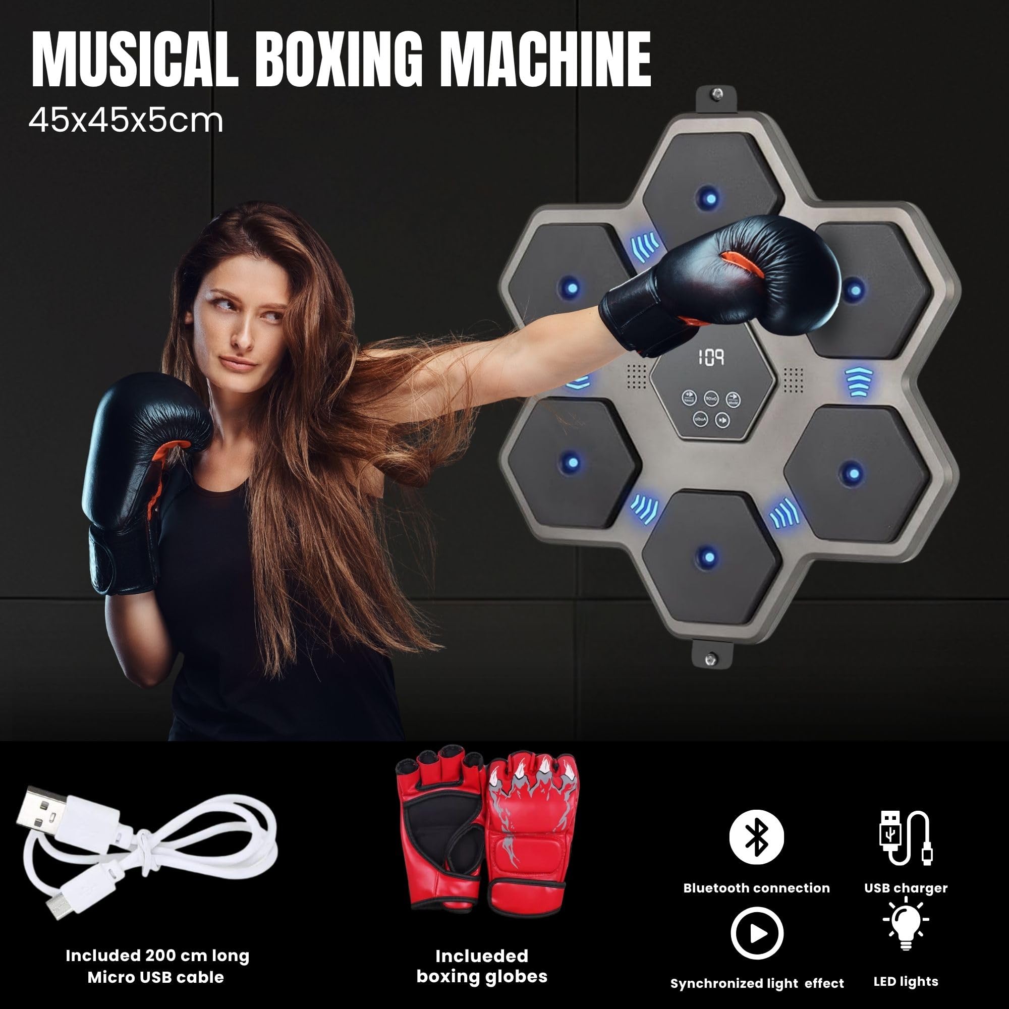 Macchina per l'allenamento di boxe musicale. Attrezzatura da boxe da parete con LED, guanti da boxe, Bluetooth e luci al ritmo della musica. Macchina da boxe per bambini/adulti. (9 modalità, 45 x 45