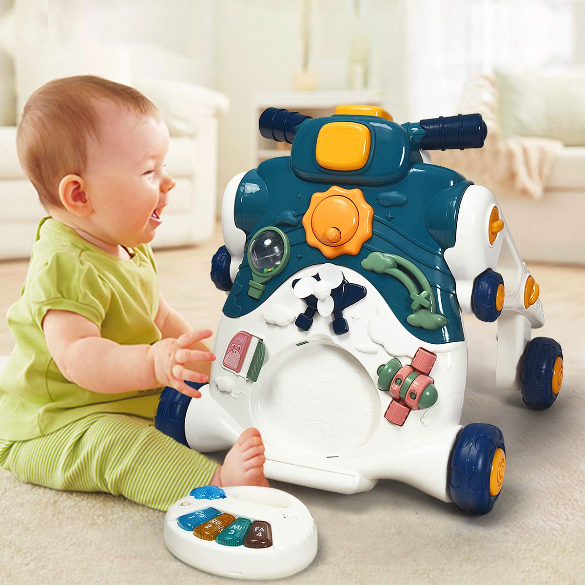 COSTWAY 3 in 1 Primi Passi Cavalcabile Spingibile, Giocattolo Educativo con Musica e Luci, con 4 Ruote Antiscivolo, Ideale per Bambini 6-36 Mesi (Blu)