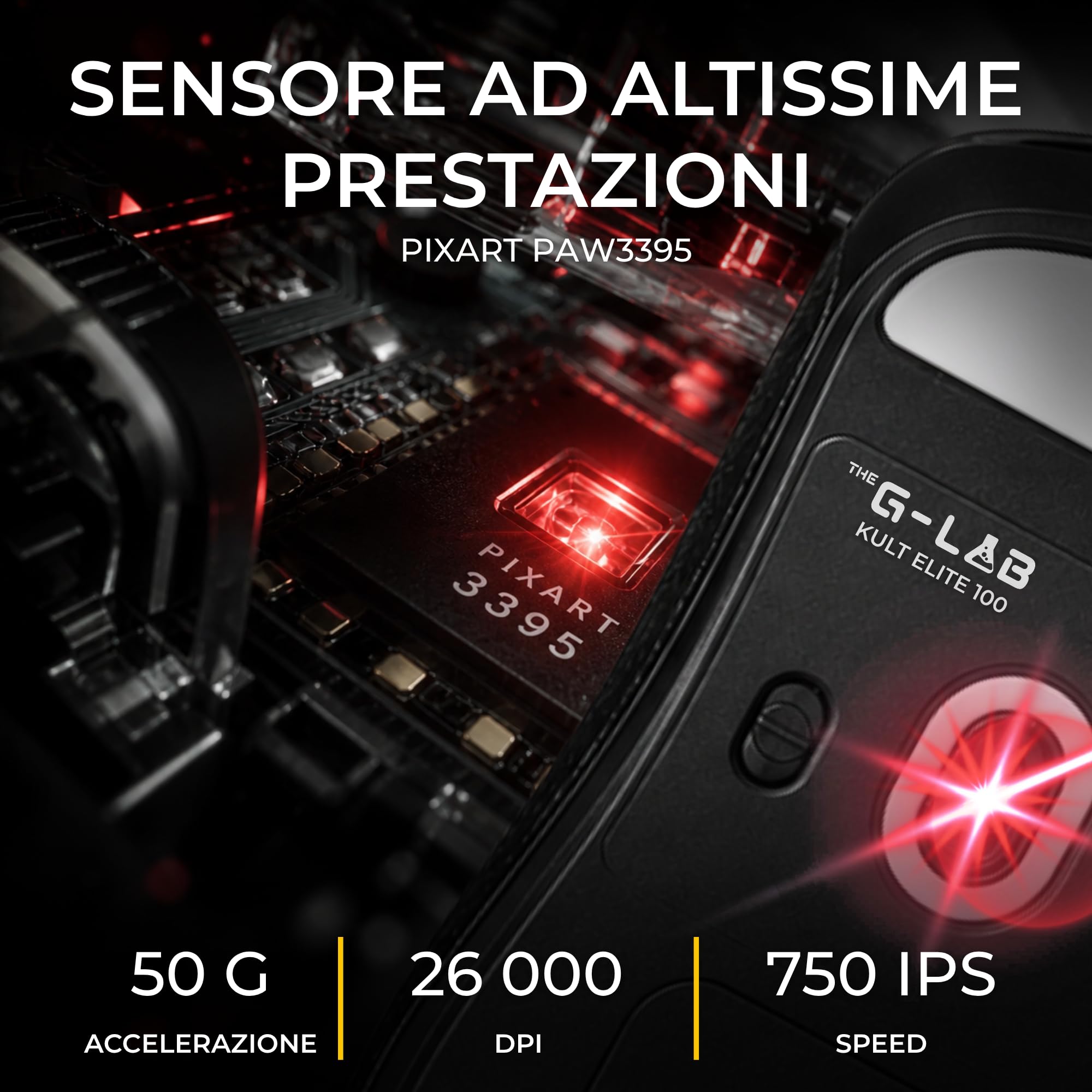 THE G-LAB Kult Elite M100 - Mouse Gaming con Sensore Ottico PixArt 3395, 26.000 DPI, 1.000 Hz, Pattini 100% PTFE - Mouse Wireless Tri-Mode 2,4 GHz/Bluetooth/Cablato, 100 Ore di Autonomia e Software