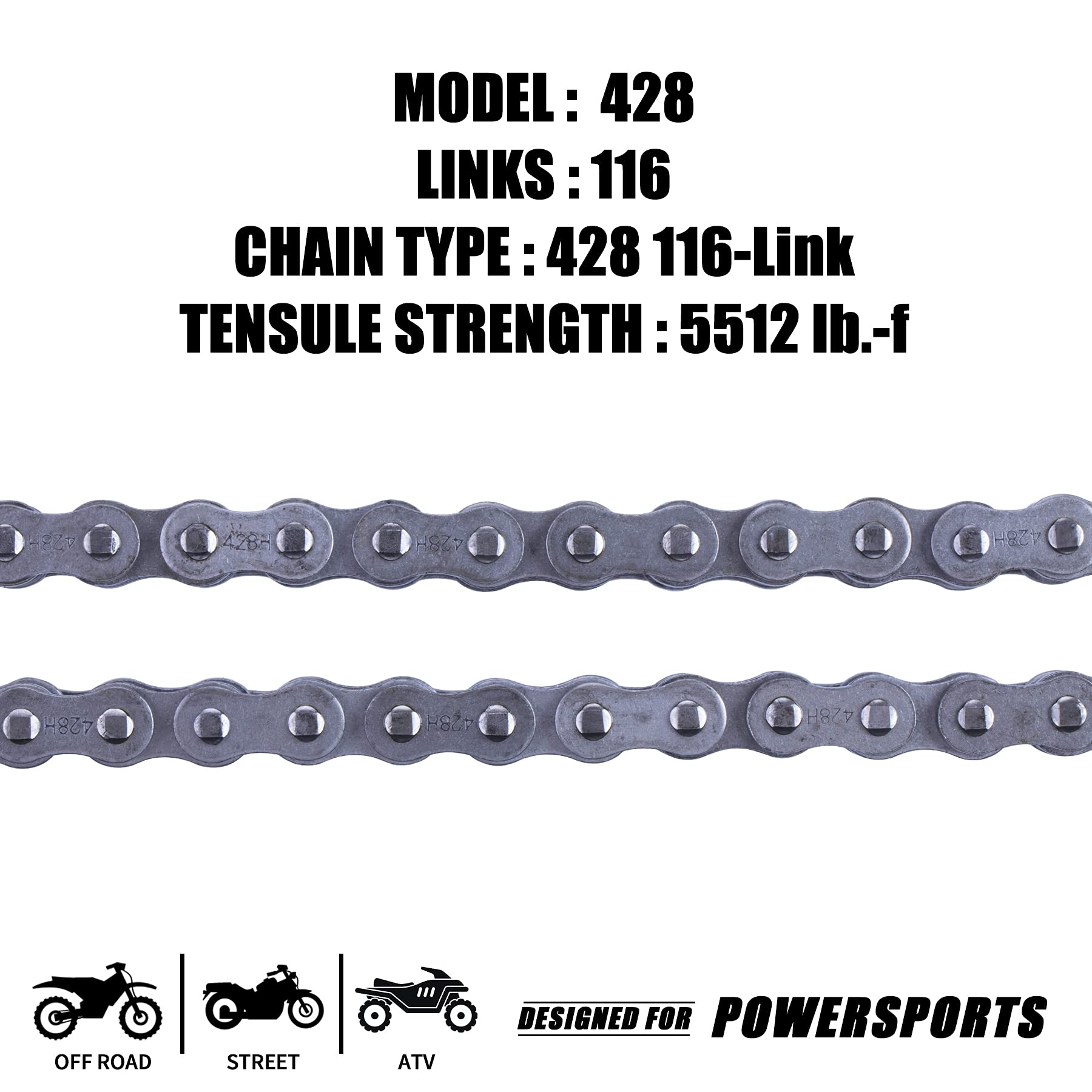 Catena per moto 428H + interruttore catena, catena di trasmissione resistente a 116 maglie