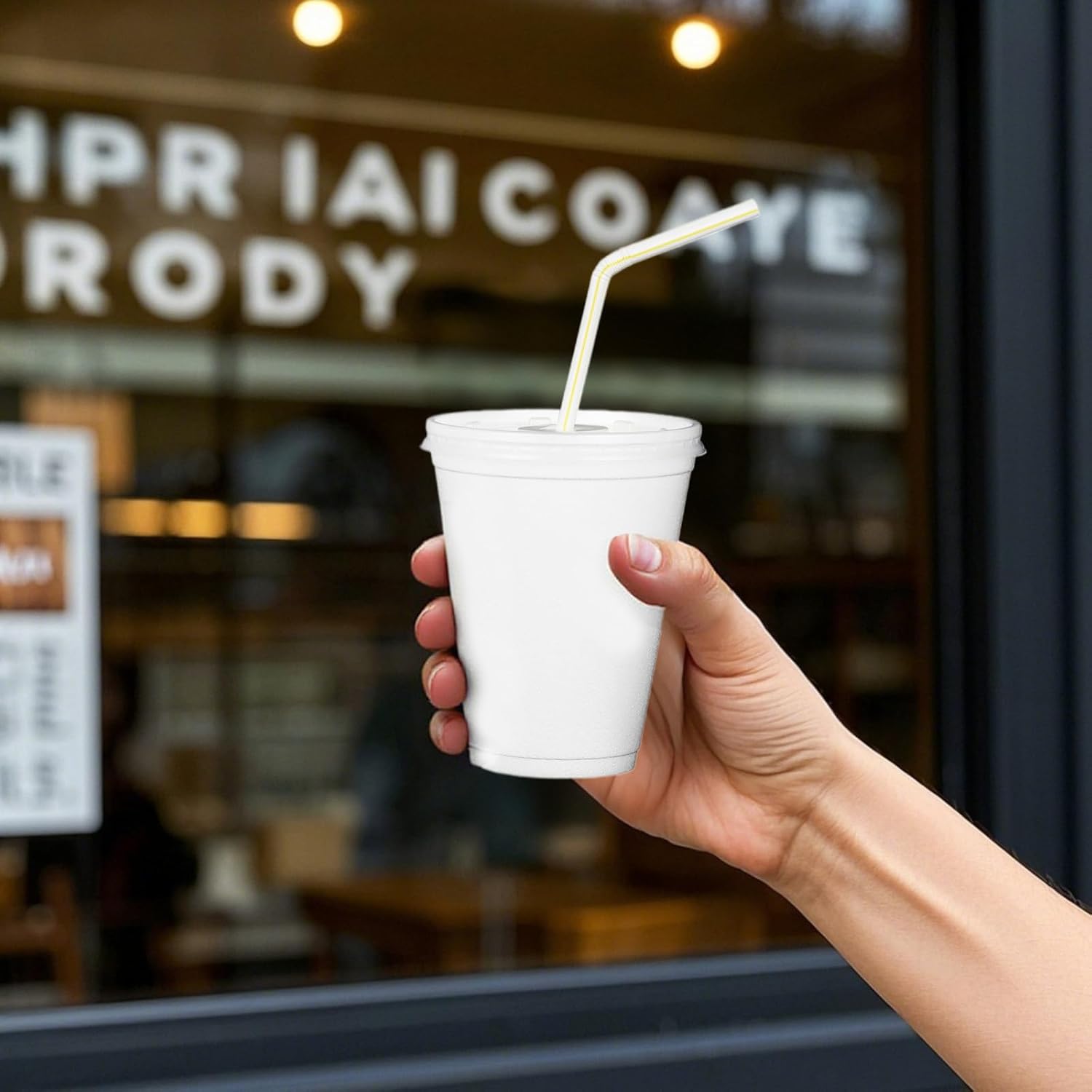 12 Oz Styrofoam Cups with Lids and Drinking Straws, Disposable White Foam Cups for Hot Cold Drink Beverage, To Go Drinking Container for Coffee, Tea, Juice - 50Sets/150pcs - Image 8