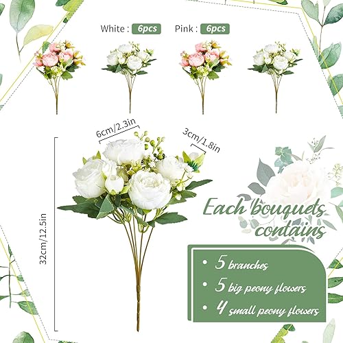 Miniatura 2 de Jexine 12 paquetes de flores artificiales de seda de peonías artificiales, ramo de peonías falsas, ramos de flores artificiales para jarrones,