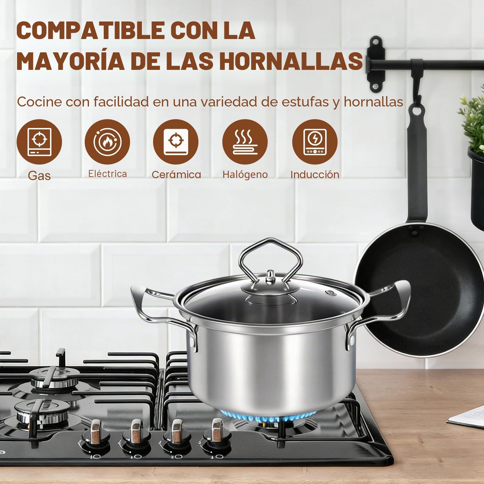 Bateria de Cocina Induccion, Juego de Ollas Inducción 10 Piezas, Set de Ollas de Acero Inoxidable con Tapas de Vidrio y Cazo, Aptas para Todo Tipo de Cocinas, Sin Recubrimiento