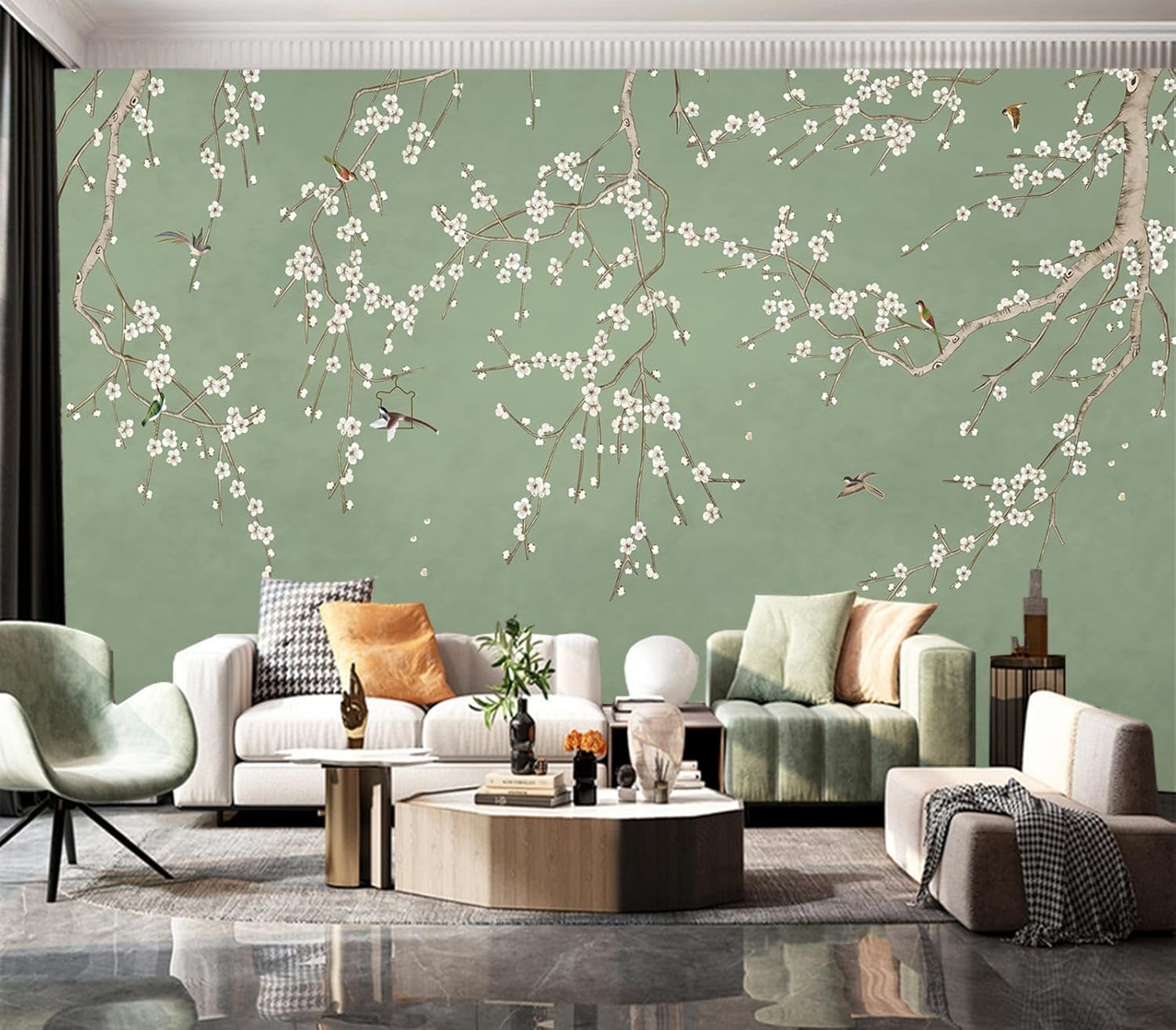 Cliouar-Decor Beautiful Wallpaper Birds and Flower Green Background Peel and Stick 160" x 114"