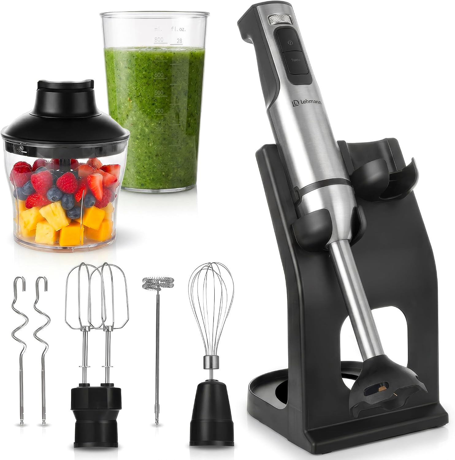 LEHMANN Blender ręczny zestaw ze stojakiem – 2000 W – wielofunkcyjny blender immersyjny 6 w 1-12 poziomów prędkości i funkcja turbo – 7 akcesoriów – kubek 800 ml i rozdrabniacz 600 ml – złote ostrze