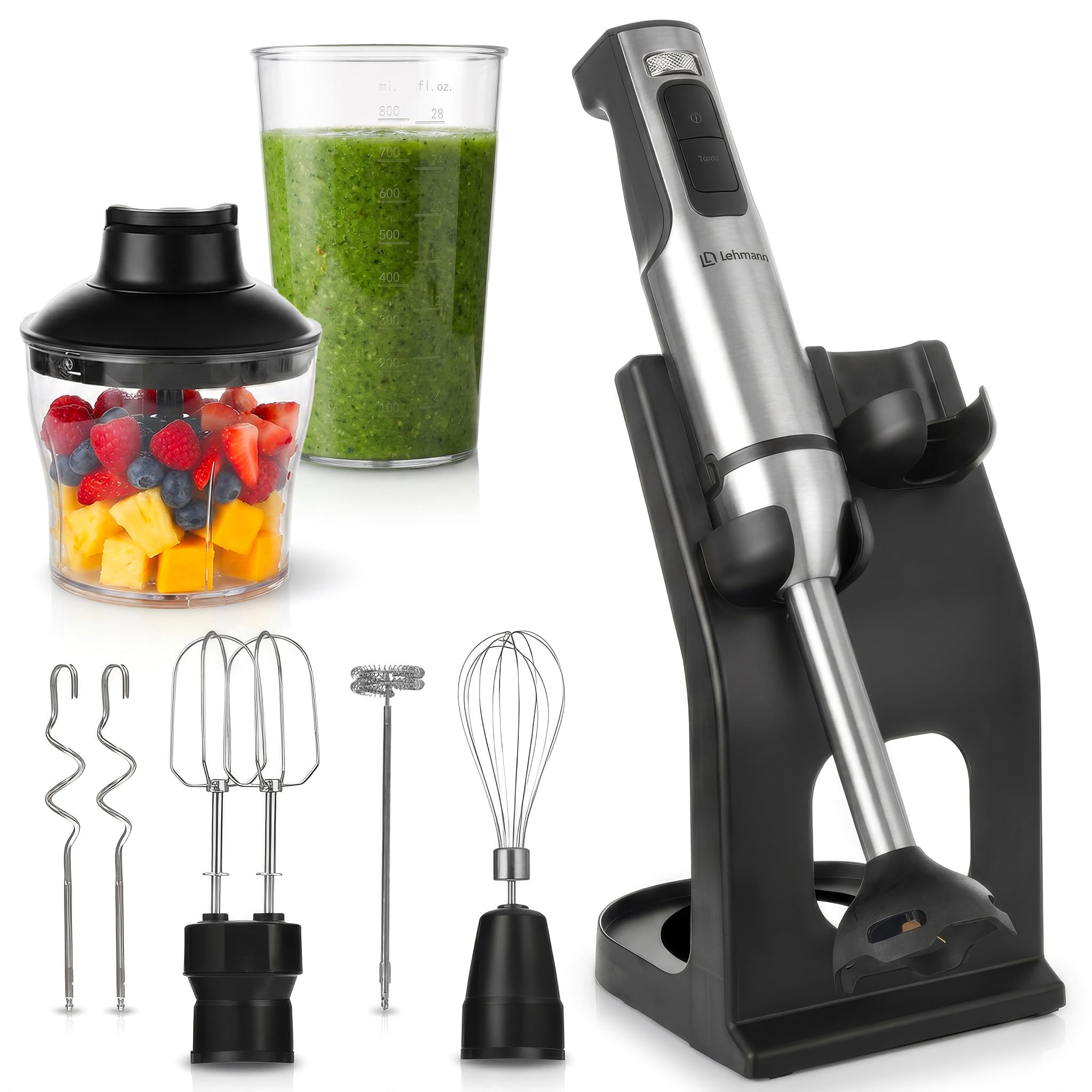 LEHMANN Stabmixer Set mit Ständer - 2000 Watt - Multifunktions Pürierstab 6-in-1-12 Geschwindigkeitsstufen & Turbo-Funktion - 7 Zubehör - 800 ml Becher & 600 ml Zerkleinerer - Goldene Klinge