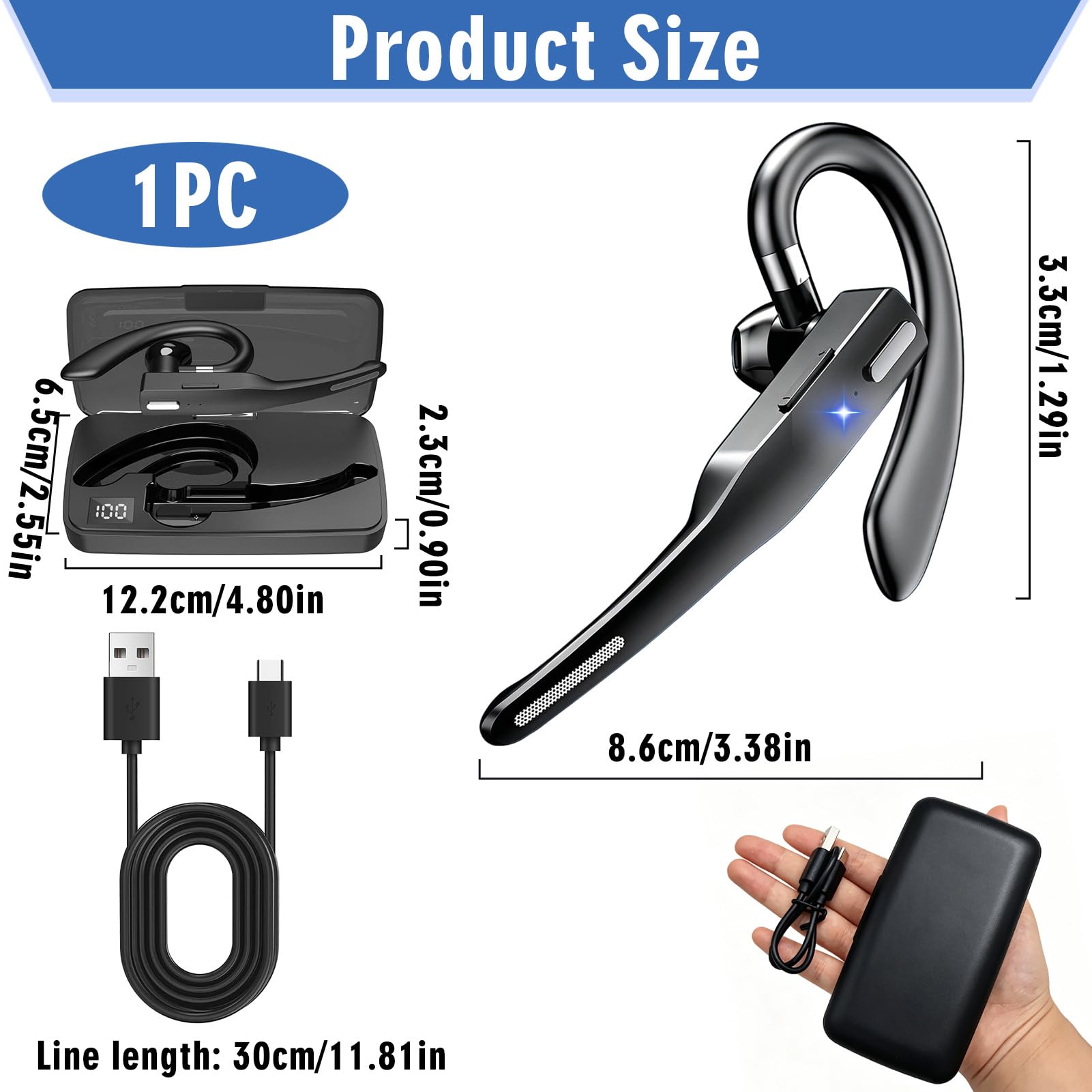 Oreillette Bluetooth sans Fil 6.1 avec Boîtier de Chargement 500 mAh, Kit Main Libres Bluetooth avec Dual Mic CVC8.0, Écouteurs sans Fil Casques Mono Légère pour Conduite/Bureau/Affaires