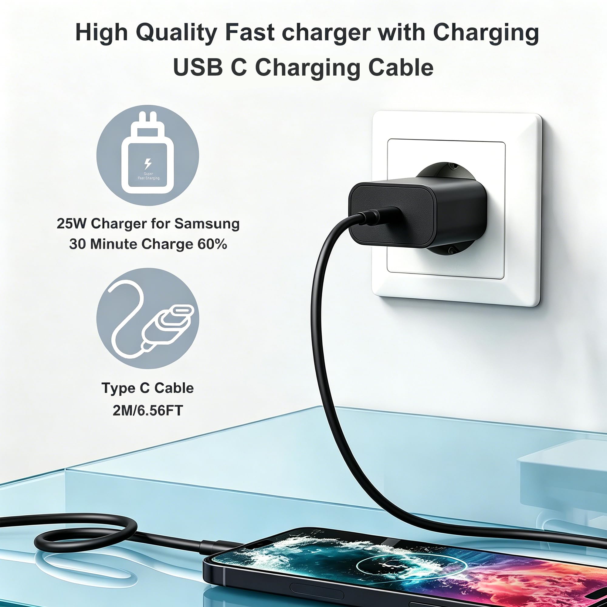 Ładowarka USB C, 25 W, szybka ładowarka z kablem do ładowania 2 m, do S26, S25, S24, S23, S22, S21 Plus/FE/Ultra, super szybka ładowarka do telefonu komórkowego, adapter kompatybilny z A57, A34, A17