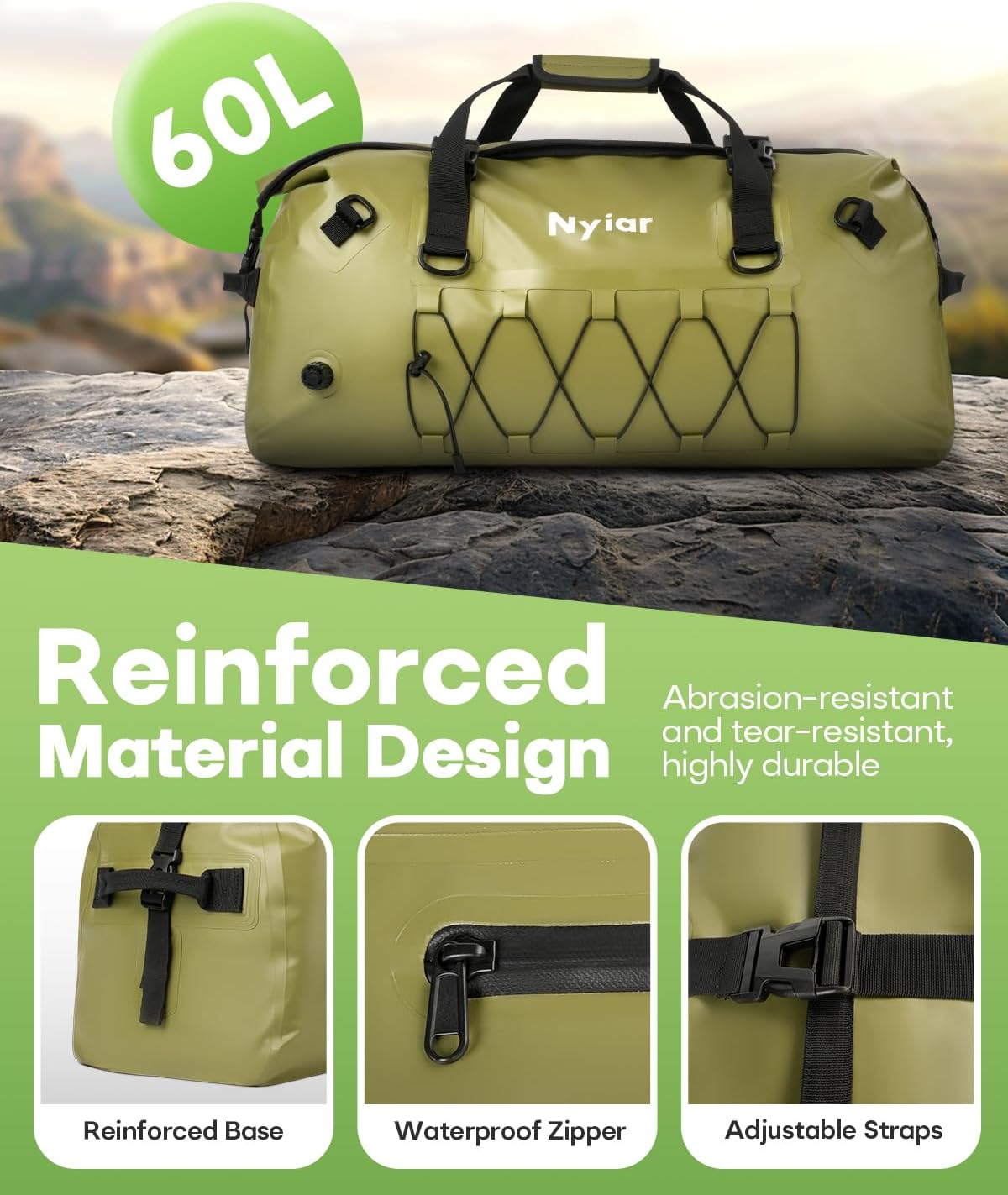 60L Waterproof Duffel Bag Motorcycle Dry Bag Backpack, Heavy-Duty Roll-Top Waterproof Bag with Sealed Seams & Waterproof Zipper for Riding, Kayaking, Camping & Travel (Green)