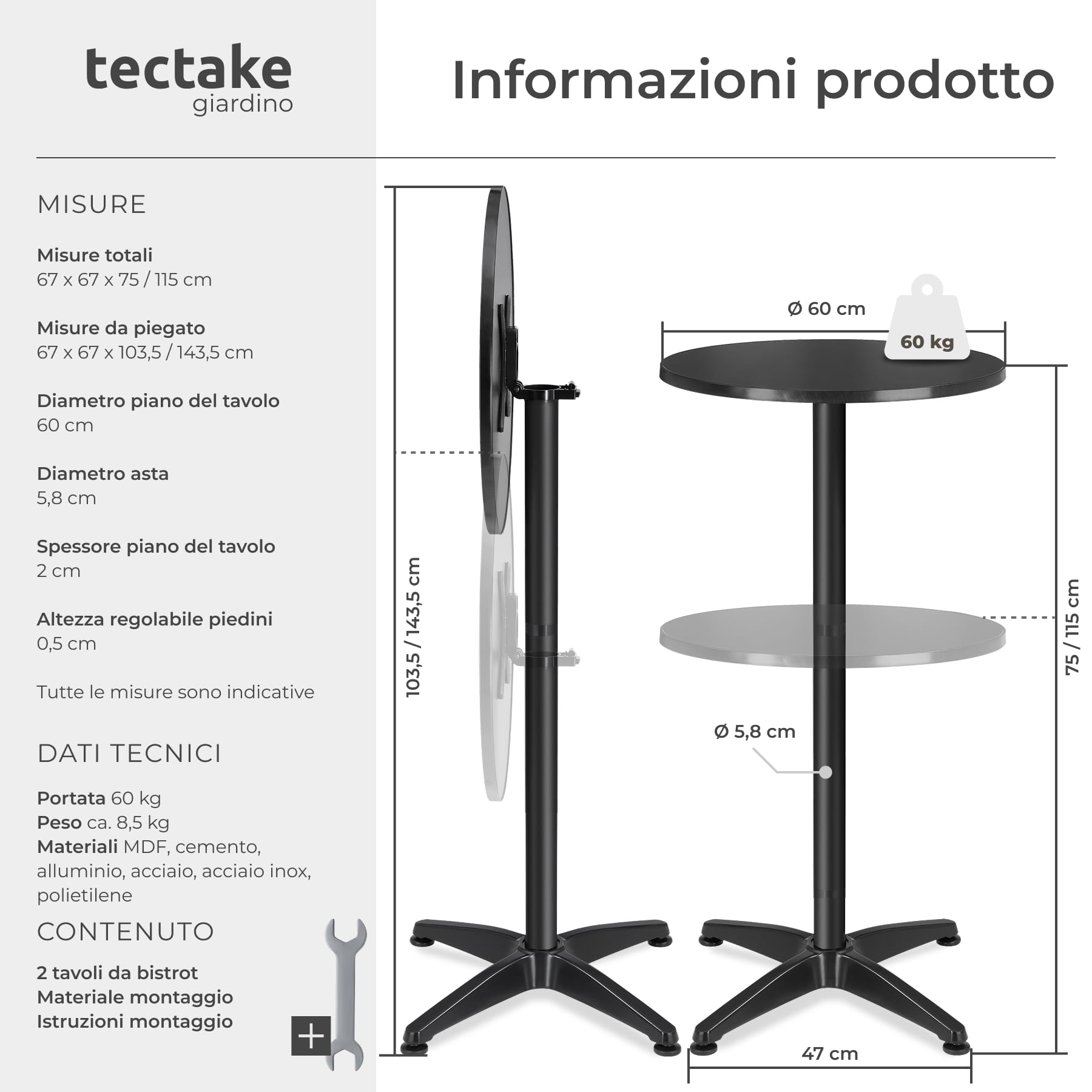 tectake® Set x2 Tavolino da Bistrot 2in1 Ø60 cm, 2x Tavolo Alto o Tavolo Pranzo, 2 Altezze, Pieghevole, Struttura in Alluminio, Piano MDF, Capacità 60 kg, Base in Cemento - Nero
