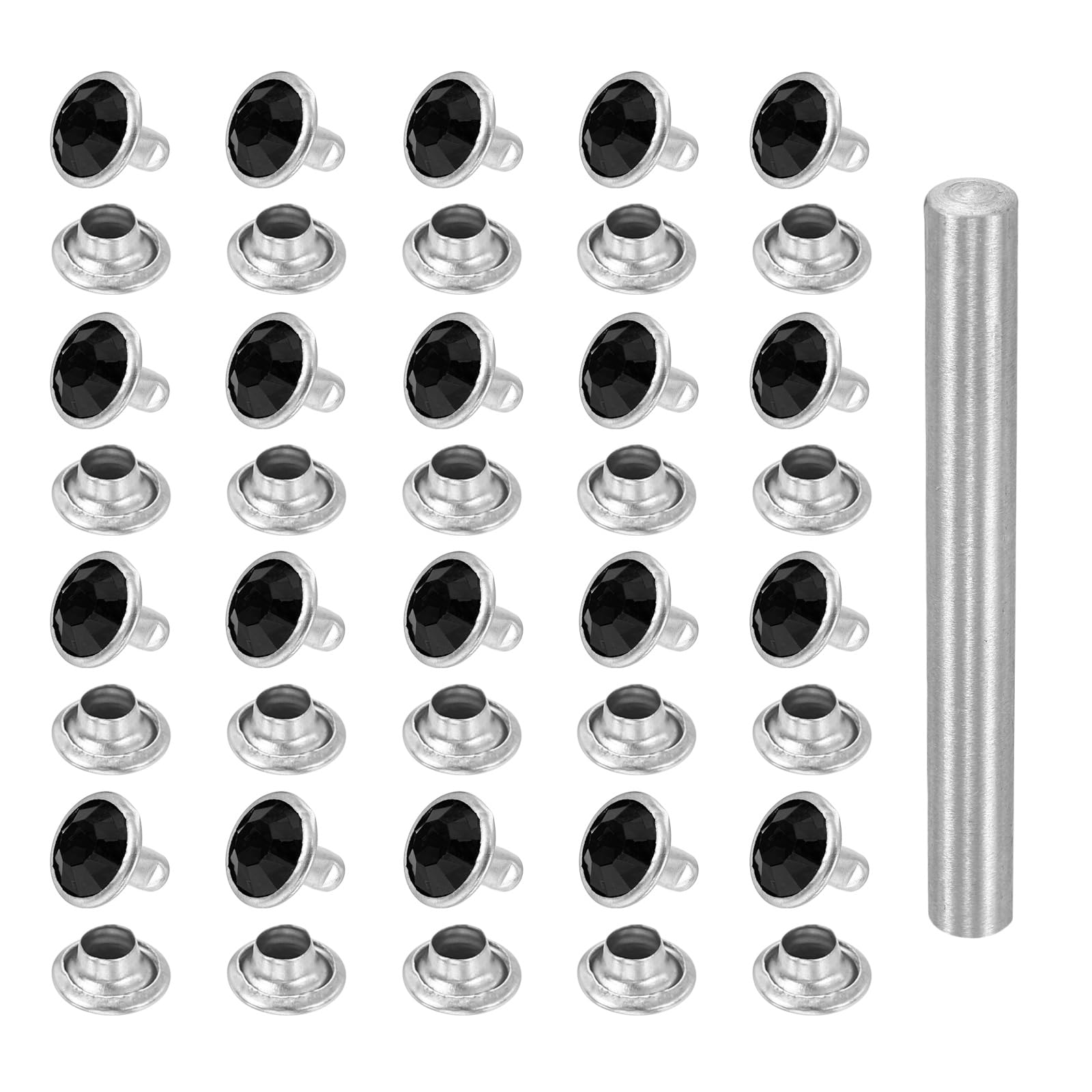 sourcing map 100pcs Crystal Rivets 8mm Rhinestone Rapid Stud Rivets with Steel Installation Tool for Clothing Leather Fabric Arts Crafts Decoration Leathercraft DIY, Silver Black