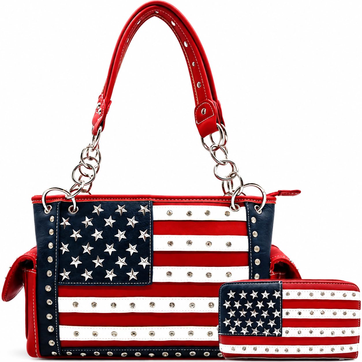 American Flag USA Stars and Stripes Patriotic Leather Purse Women Rhinestone Country Handbag Wallet Set Red White and Blue-image-24