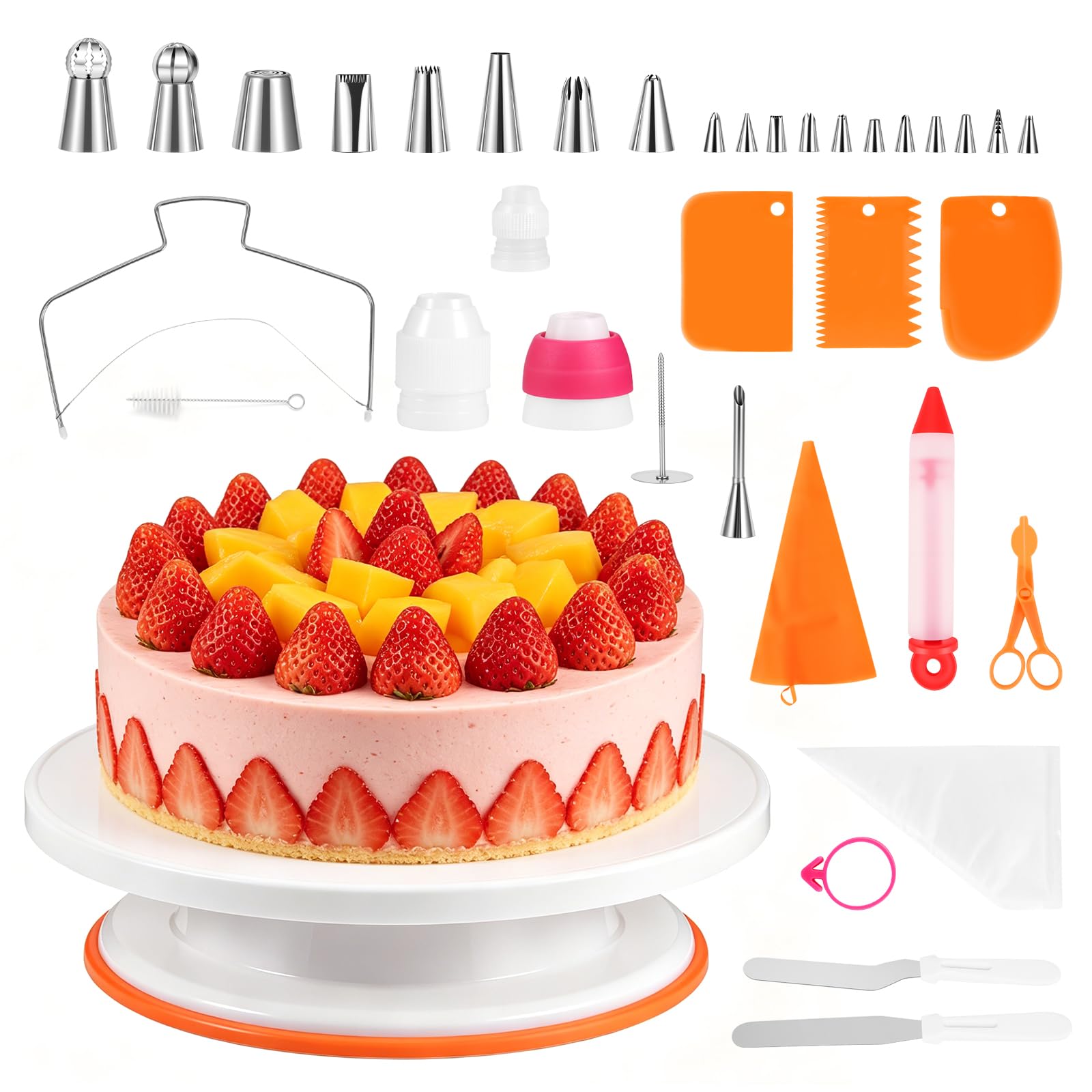 Torten Zubehör Set, 61-teilig Tortenplatte Drehbar Edelstahl Spritztüllen | Torten Zubehör Set Spritzbeutel, Teigschabern, Paletten & umfangreichem Backzubehör für Anfänger & Profis