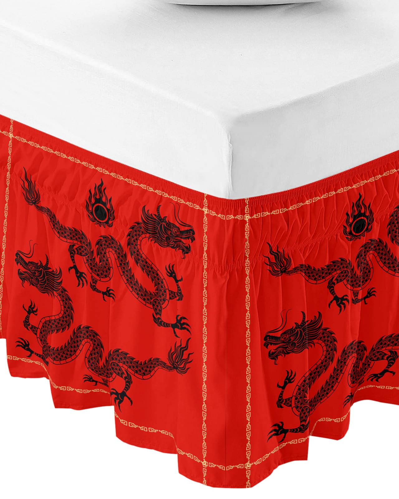 Traditional Dragon Bed Skirt Queen Size 16 Inch Drop, Adjustable Elastic Wrap Around Bed Skirts Pleated Bed Ruffles Bedskirt Valance for Bedroom Hotel Oriental Chinese Red Gold Black