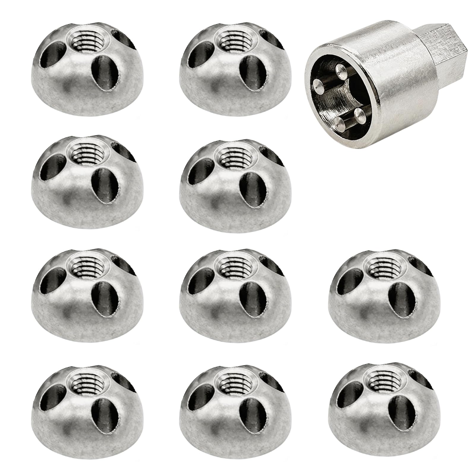 Set di Dadi, 10 Pezzi M8 x 1,25 mm Dadi Antifurto con 1 Chiave Speciale Dado di Sicurezza a 4 Fori in Acciaio Inox per Portapacchi Supporti per Telecamere di Sorveglianza o per Pannelli Solari